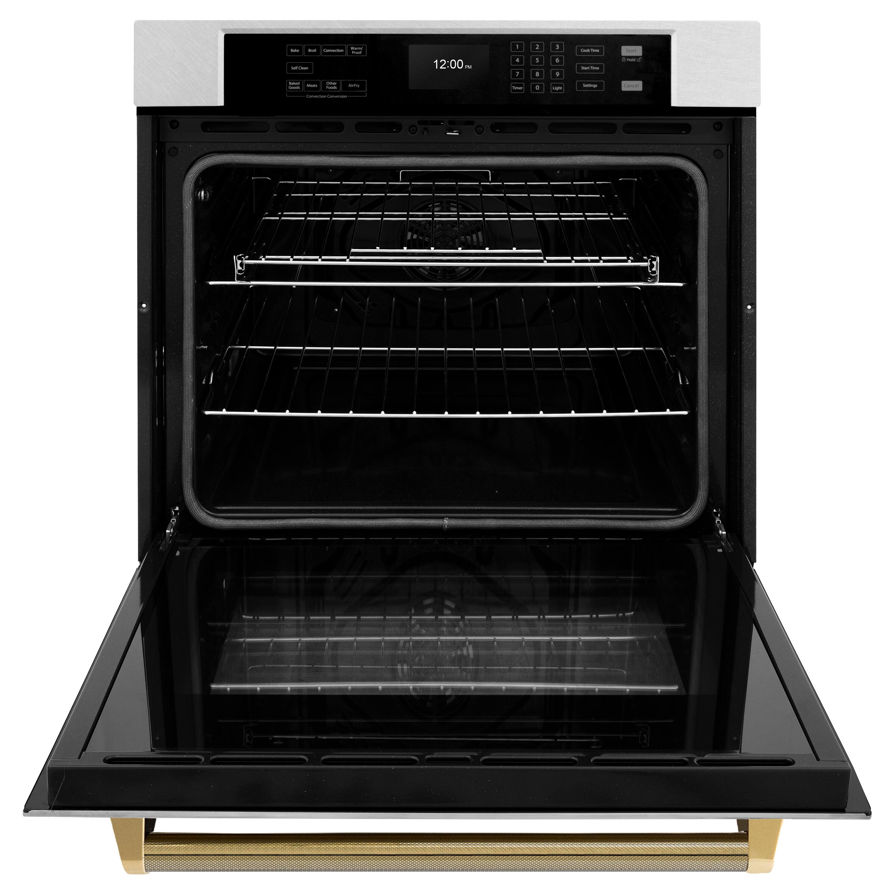 Angle. ZLINE - ZLINE Autograph 30 in. True Convection Single Wall Oven in Satin Steel with Gold Helix Handle (WASSZ-30-KG) - Satin Stainless Steel.