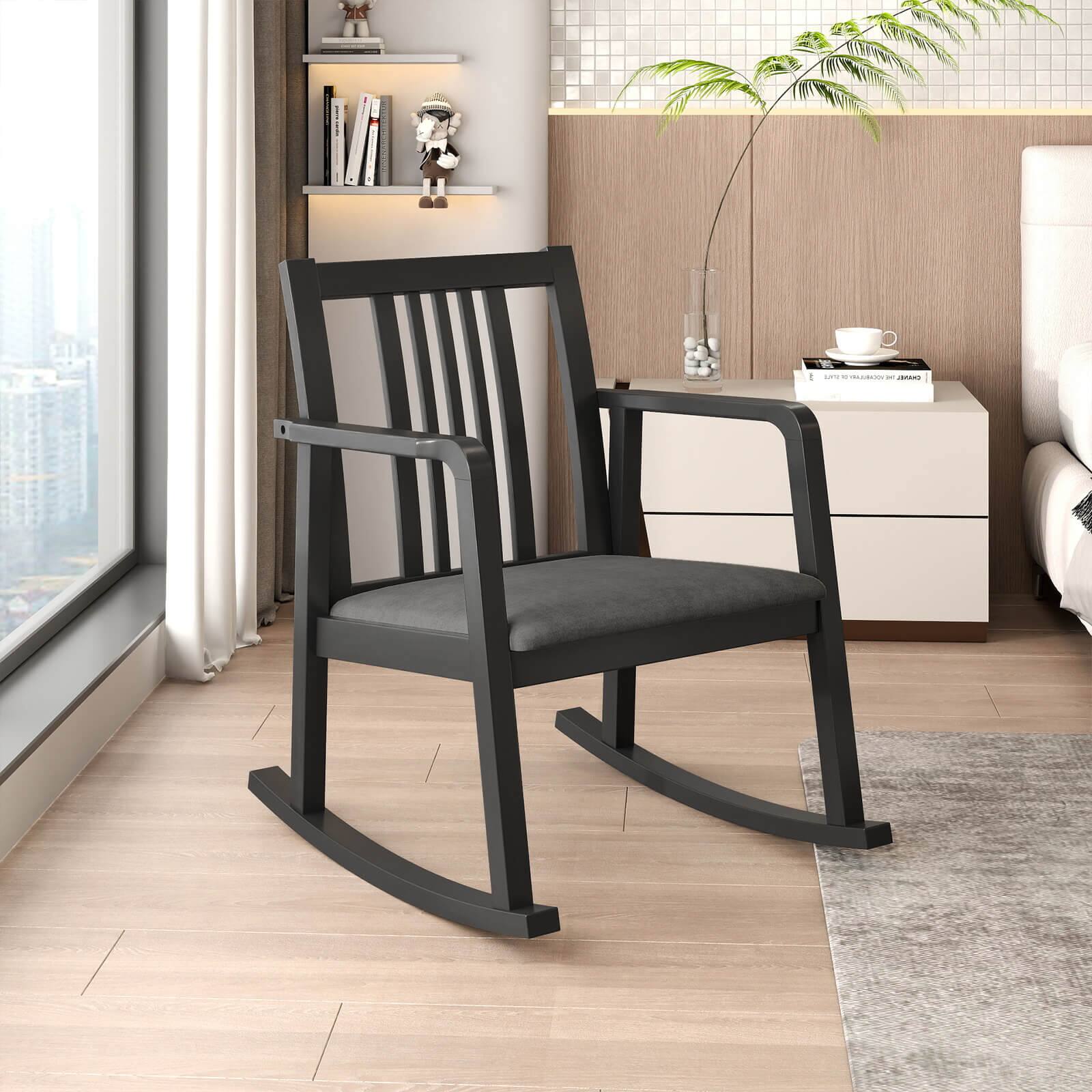 Alt View 3. Costway - Costway 2 PCS Rocking Chair with Cushioned Seat, Slatted Back & Curved Armrests for Bedroom - Black + Gray.