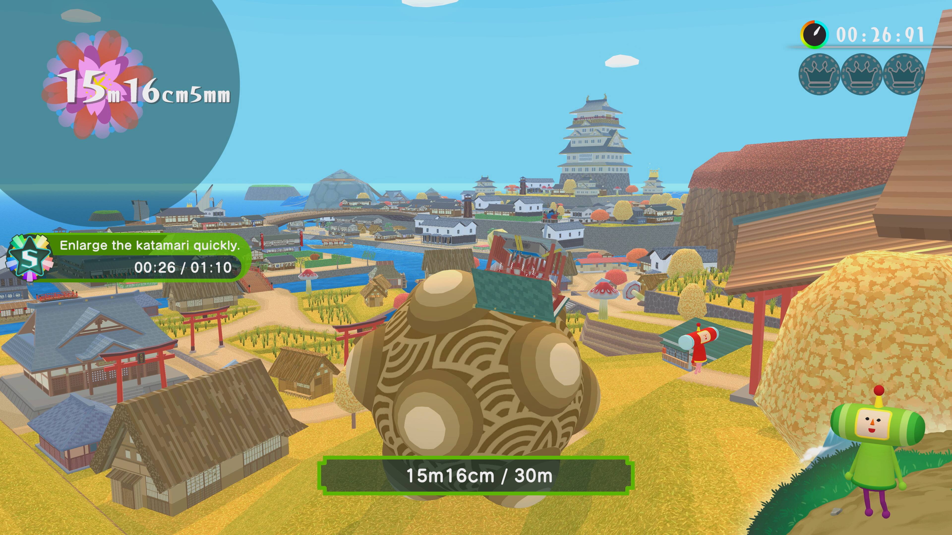00:26:91, 15m16cm5mm, Enlarge the katamari quickly, 00:26 / 01:10, 15m16cm / 30m
