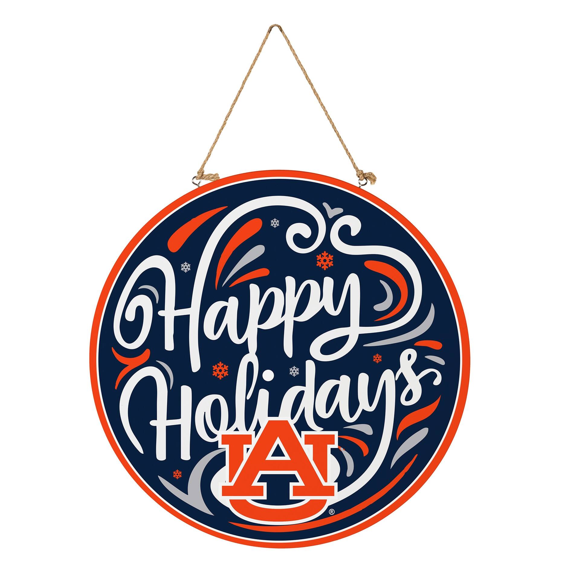 Alt View 2. Evergreen Enterprises - Auburn Tigers 18" Happy Holidays Wooden Round Door Sign - Multicolor.