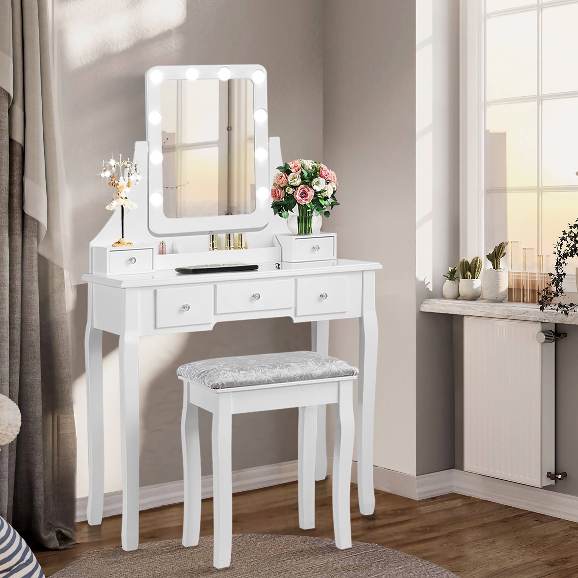 Alt View 1. Costway - Costway Vanity Dressing Table Set w/ 10 Dimmable Bulbs Touch Switch Cushion Stool - White.