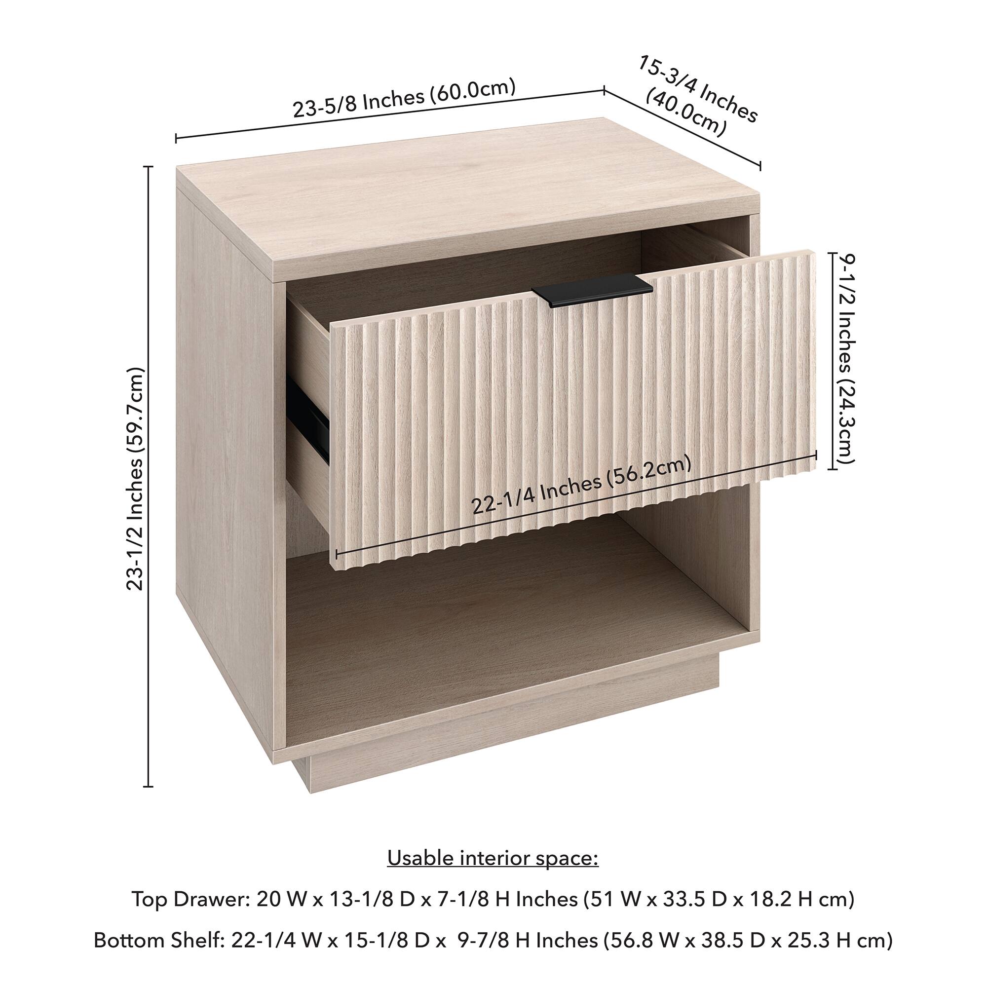 23-5/8 Inches (60.0cm)  
15-3/4 Inches (40.0cm)  
23-1/2 Inches (59.7cm)  
22-1/4 Inches (56.2cm)  
9-1/2 Inches (24.3cm)  

Usable interior space:  
Top Drawer: 20 W x 13-1/8 D x 7-1/8 H Inches (51 W x 33.5 D x 18.2 H cm)  
Bottom Shelf: 22-1/4 W x 15-1/8 D x 9-7/8 H Inches (56.8 W x 38.5 D x 25.3 H cm)