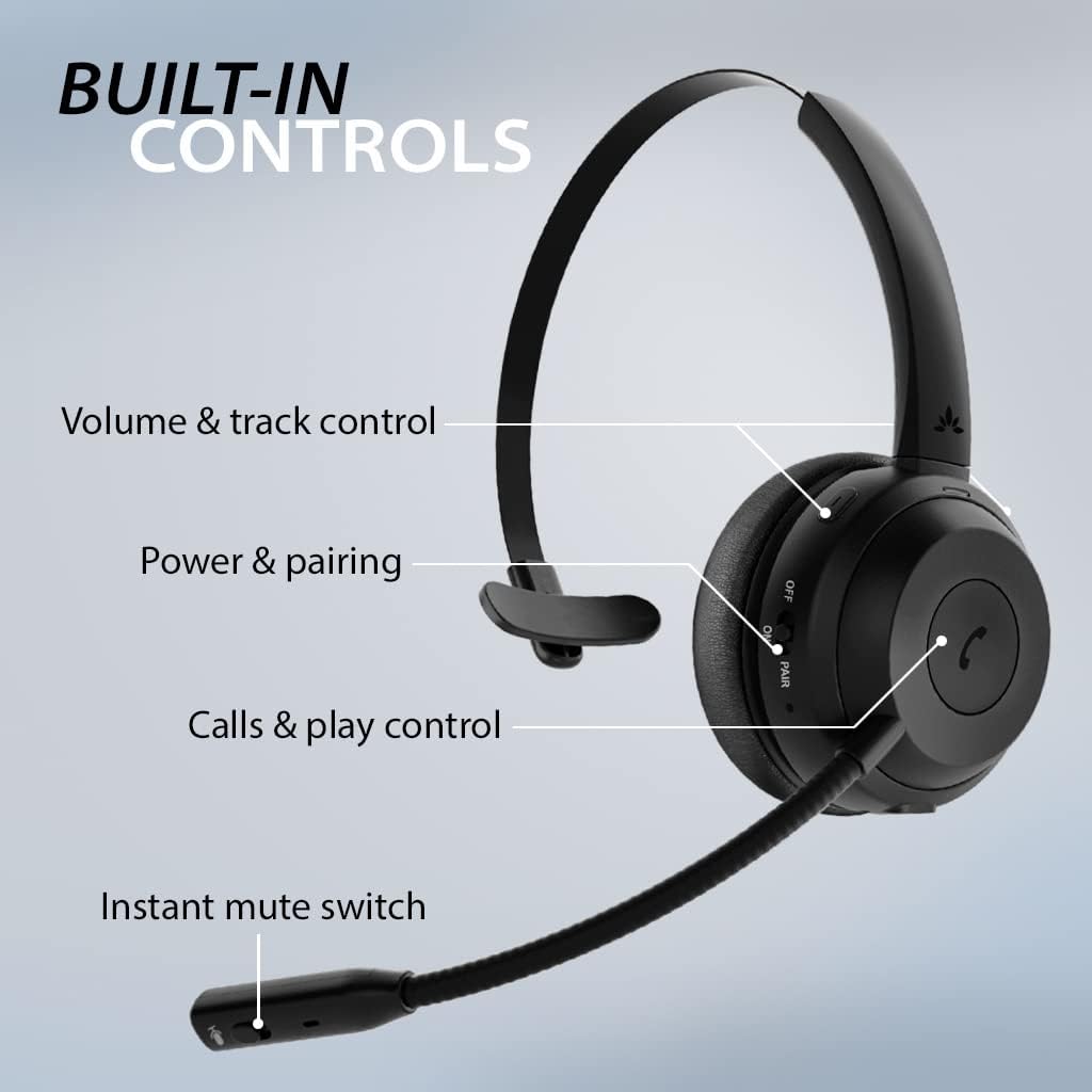 Left. avantalk - Alto Solo - Wireless Headset with Mic for Work with Qualcomm Bluetooth Solution, CVC Noise-Canceling for PC, Computer.