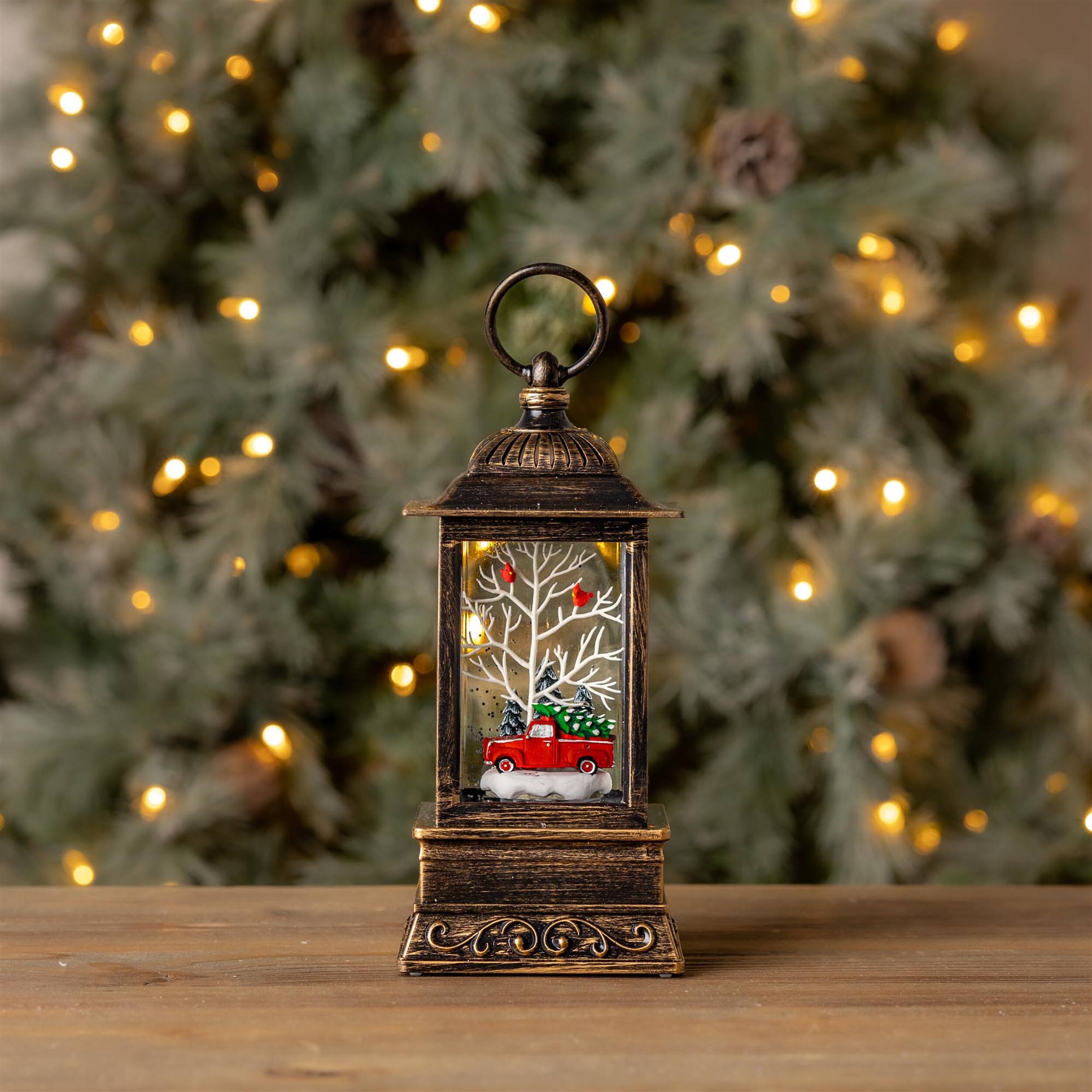 Alt View 1. BreeBe - LED Snow Globe Lantern with Truck and Forest Scene 10.25"H - Red, Green, White.