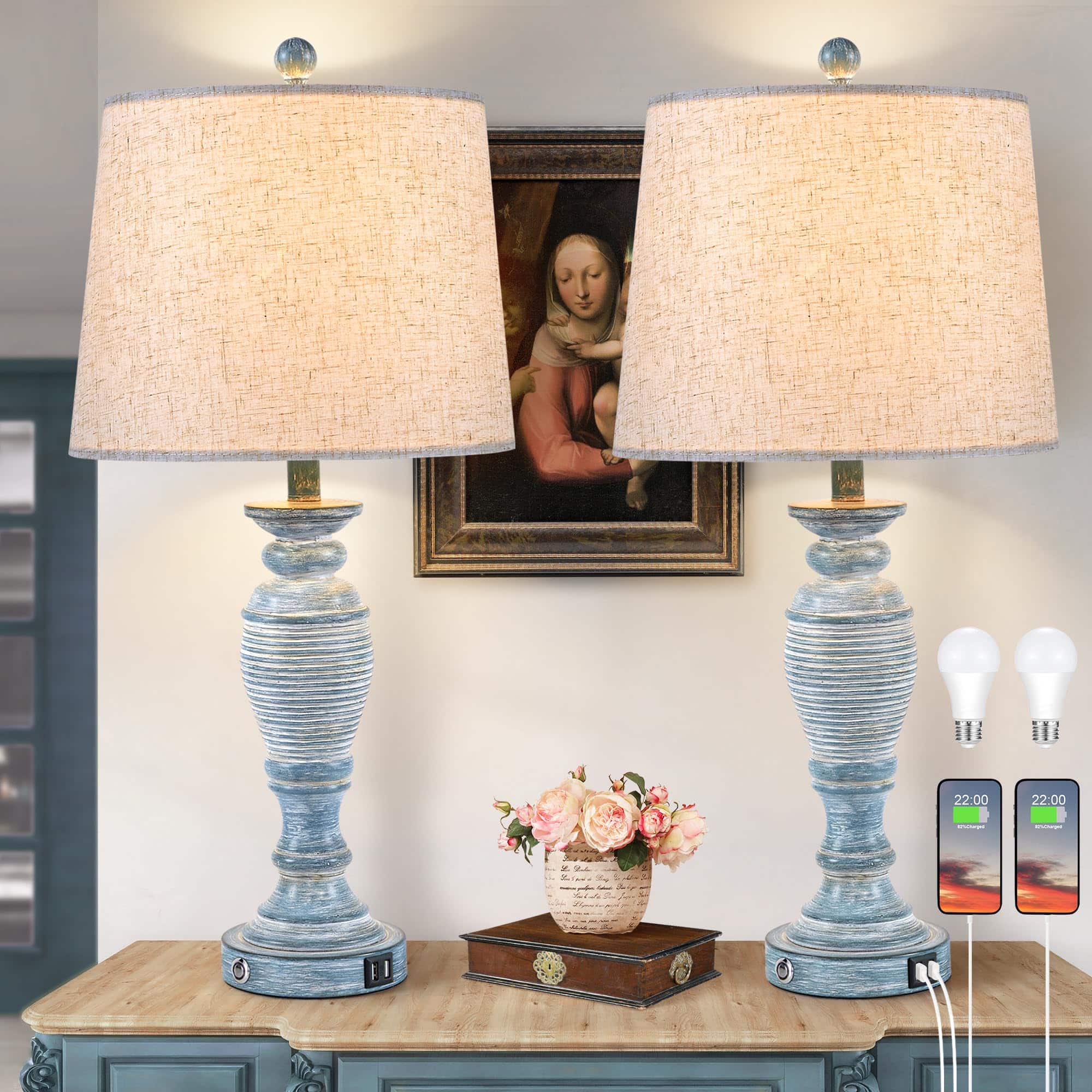 Reds Spade - Table Lamps For Living Room Set Of Way Dimmable Touch Bedrooms With Dual Usb Ports Farmhouse Nightstand Bulbs - Touch Switch