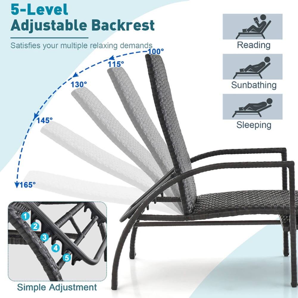 5-Level Adjustable Backrest  
Satisfies your multiple relaxing demands  
100° Reading  
115° Sunbathing  
130° Sleeping  
145°  
165°  
Simple Adjustment