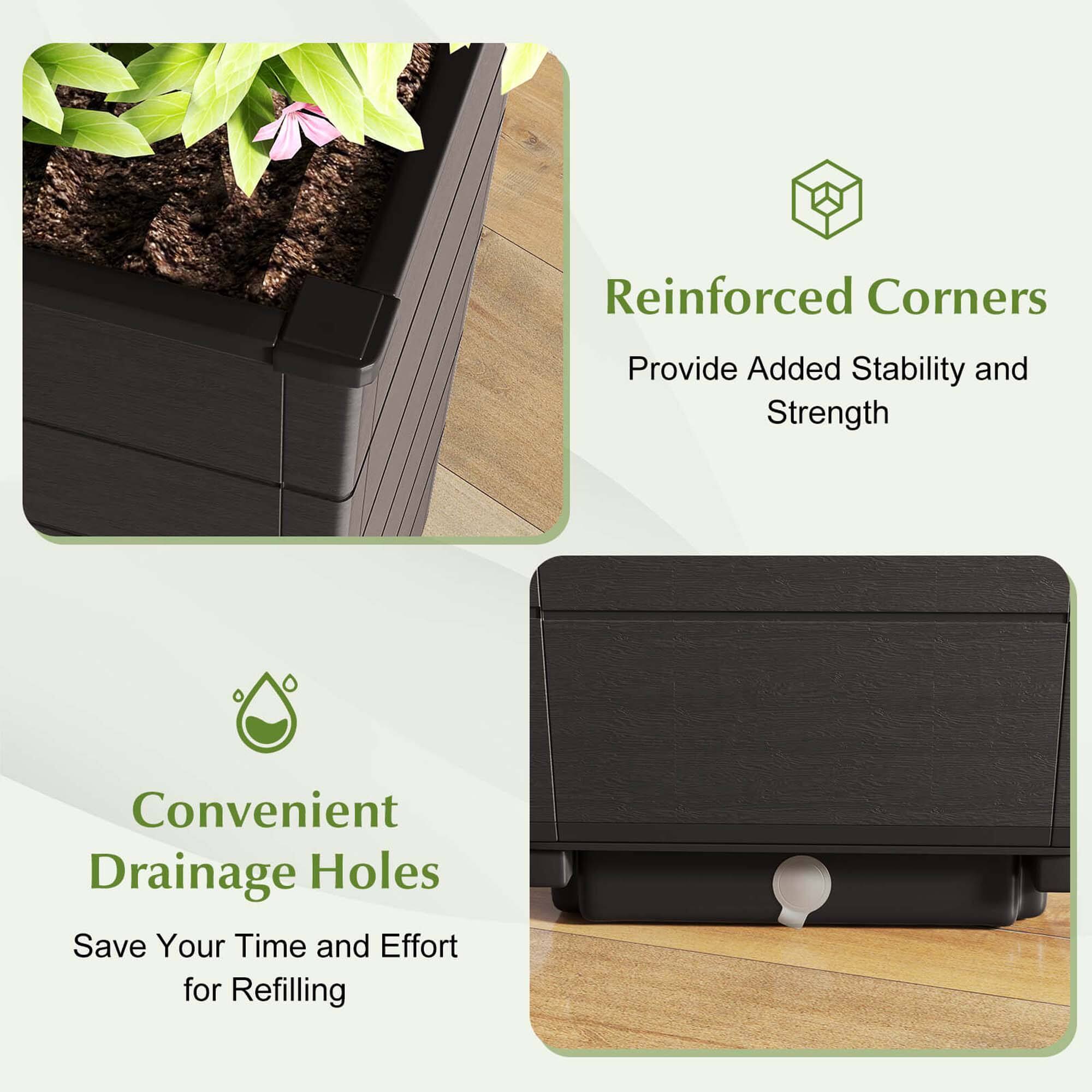 The text on the image is grouped and corrected as follows:

Reinforced Corners Provide Added Stability and Strength
Convenient Drainage Holes Save Your Time and Effort for Refilling