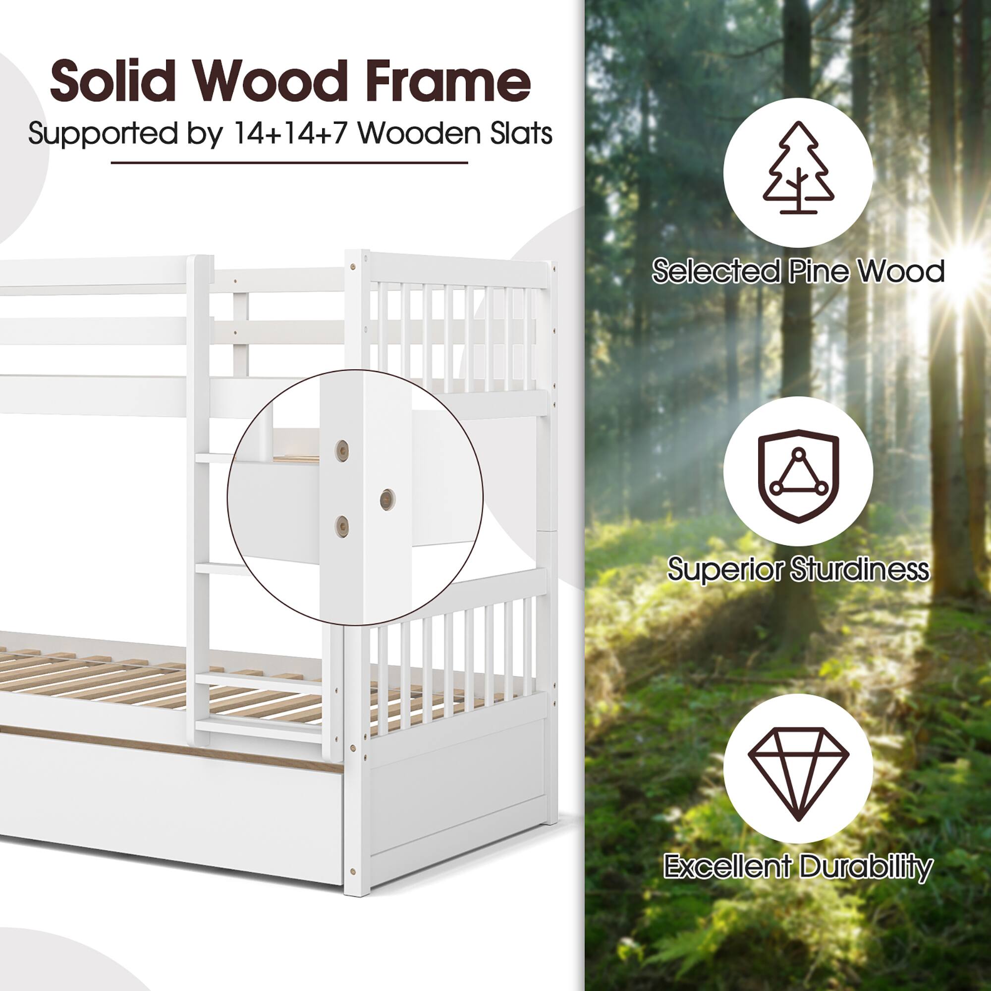 Solid Wood Frame  
Supported by 14+14+7 Wooden Slats  

Selected Pine Wood  
Superior Sturdiness  
Excellent Durability