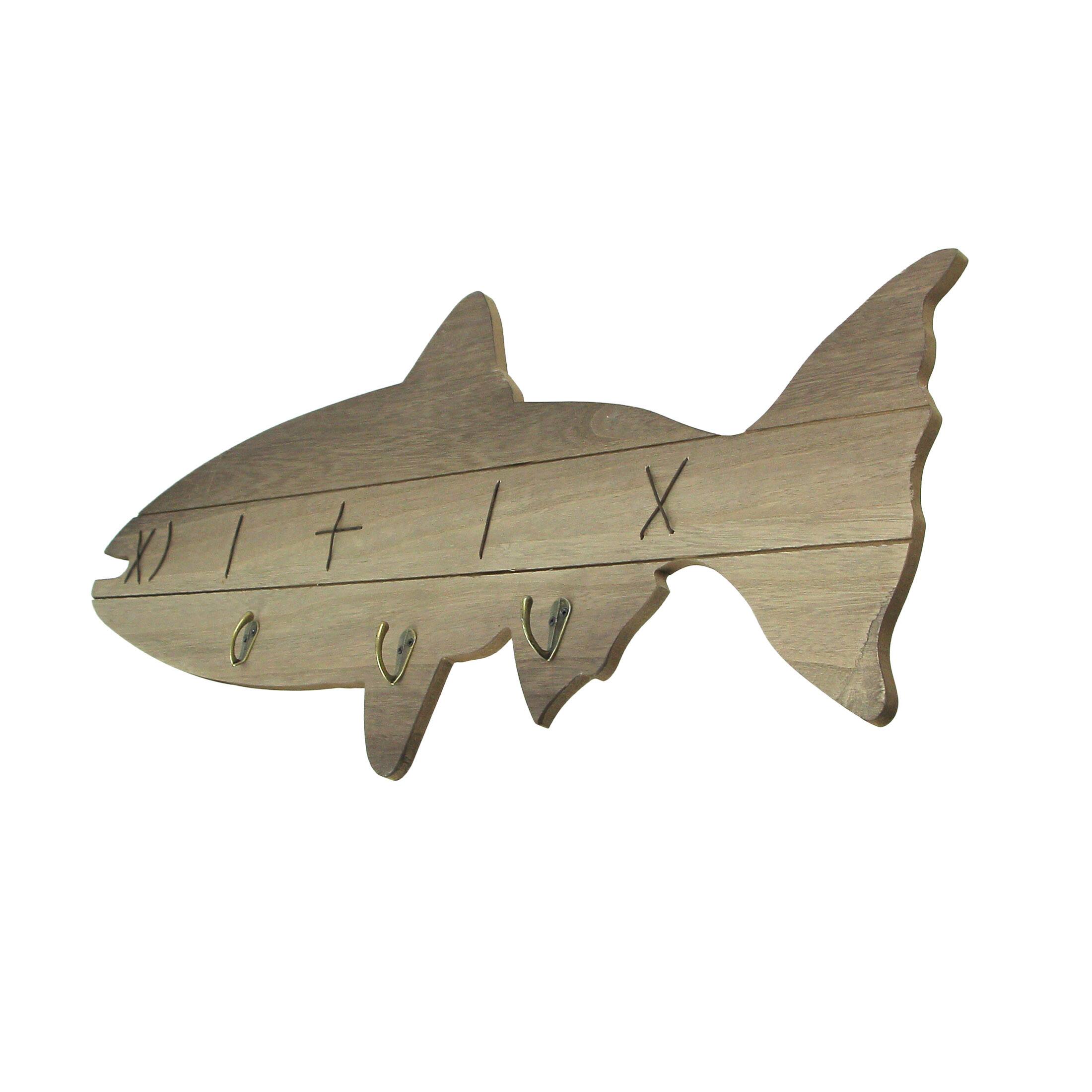 Alt View 1. Mayrich Company - Distressed Wooden Fish Shaped 3 Hook Hanging Wall Rack 27.5 Inches Long - Brown.