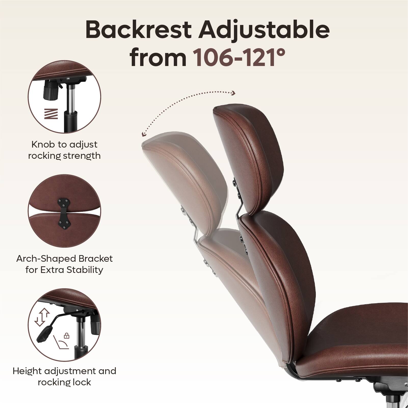 The image features a backrest adjustable from 106-121 degrees, with a knob to adjust the rocking strength. The backrest also has an arch-shaped bracket for extra stability. The chair has a height adjustment and rocking lock feature, making it a comfortable and versatile seating option.