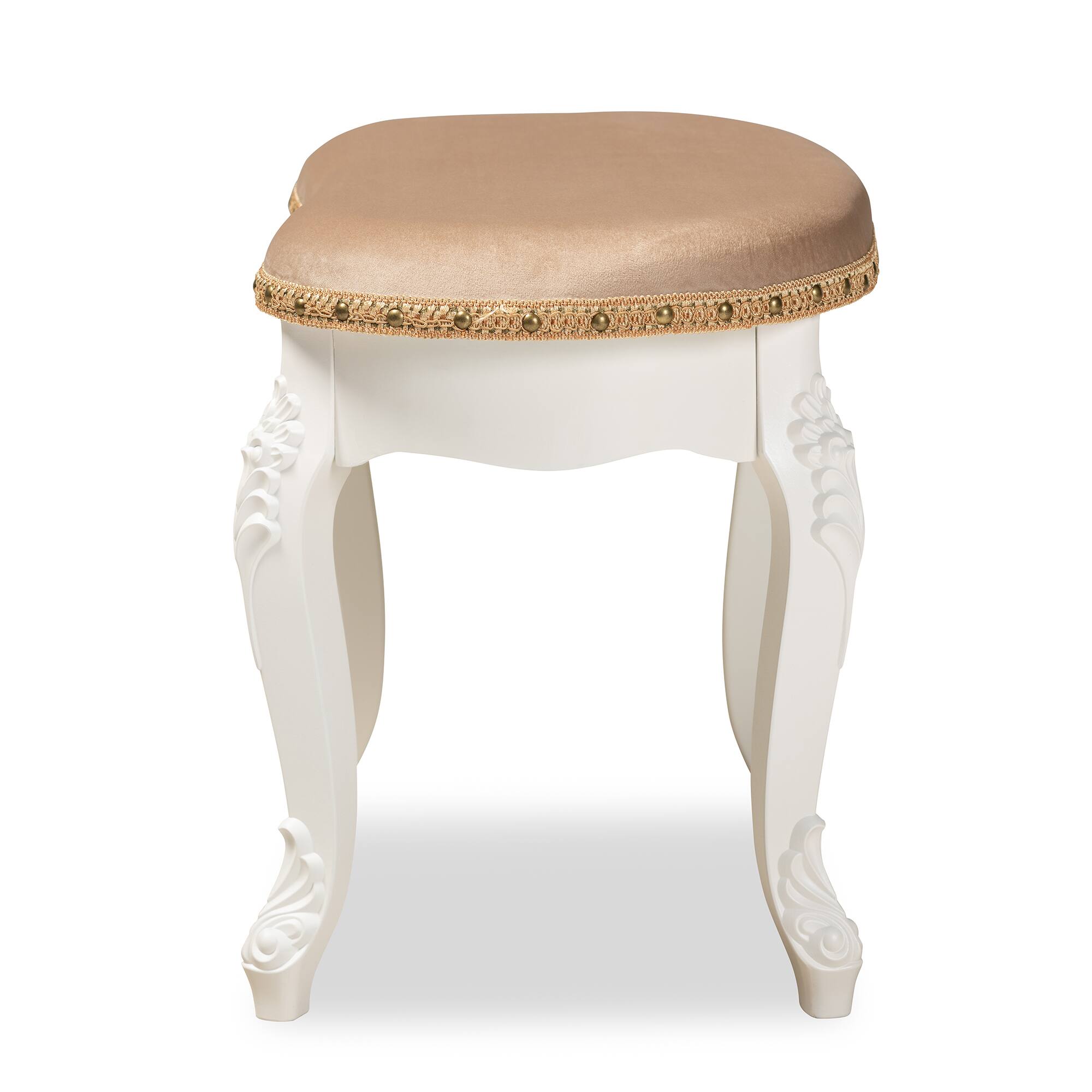 Left. Baxton Studio - Gabrielle Traditional French Country Provincial Sand Velvet Fabric Upholstered White-Finished Wood Vanity Ottoman - Sand/White/Gold.
