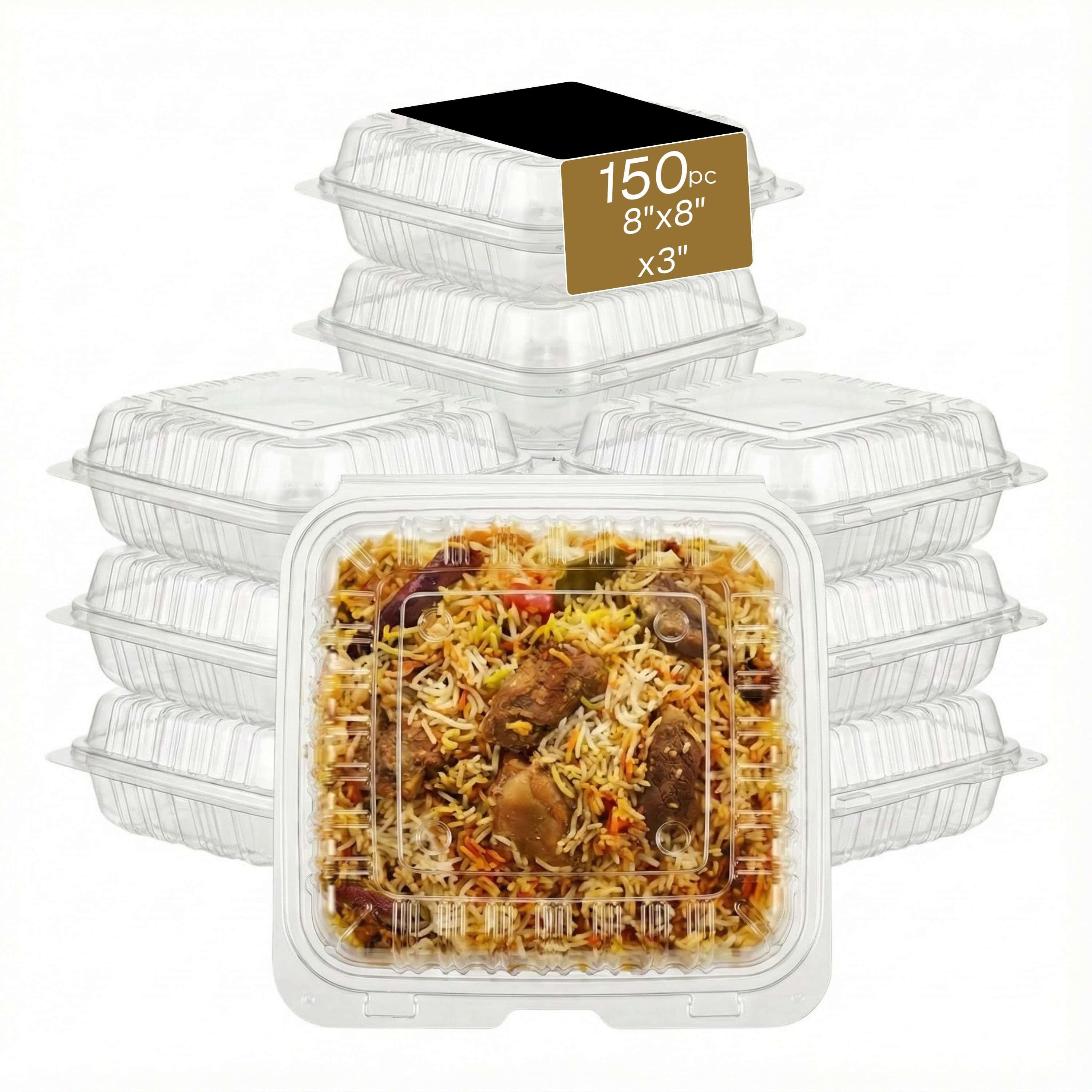 Eco Harmony Products - Hinged Container (PP), Translucent, Vented, 8" x 8", 150-Pack - Clear