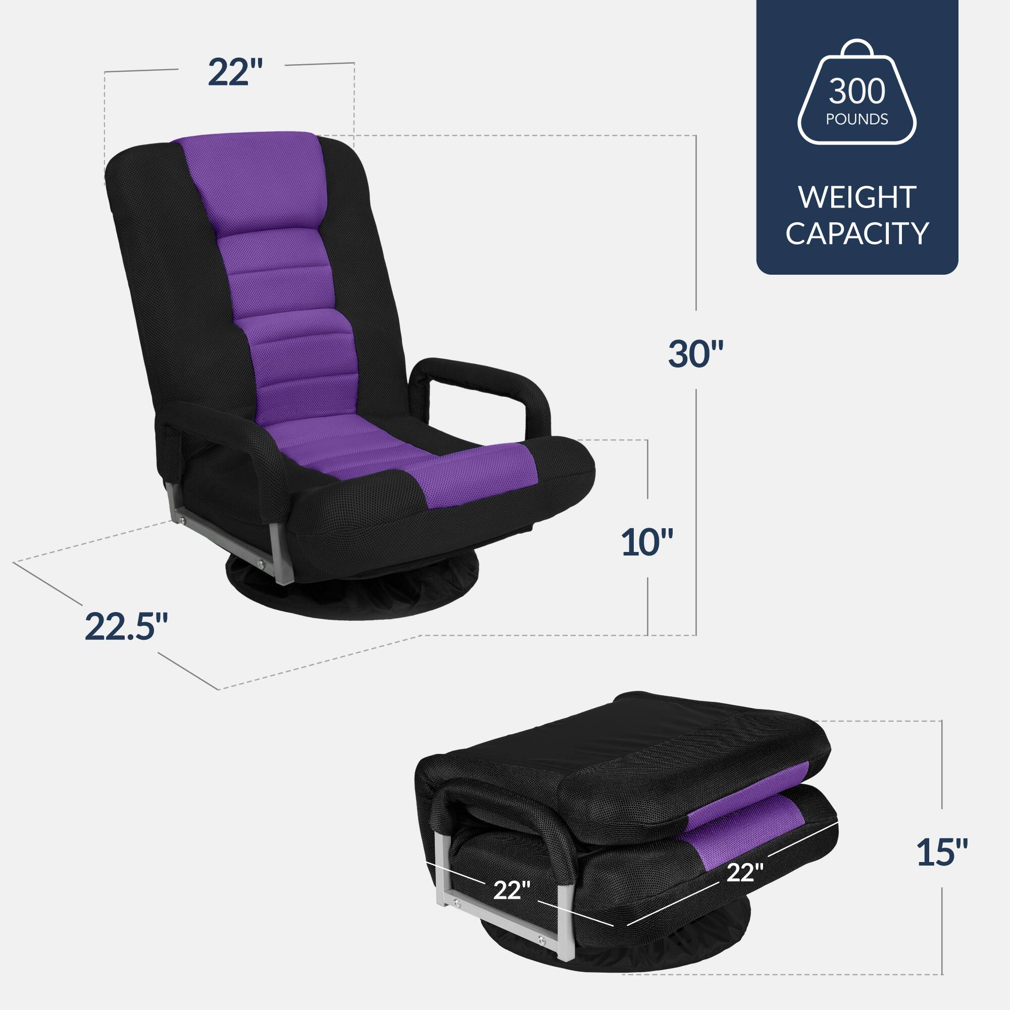 - 22" (width of the chair)
- 30" (depth of the chair)
- 10" (height of the armrest)
- 22.5" (depth of the seat)
- 15" (height of the footrest)
- 22" (width of the footrest)
- 22" (depth of the footrest)
- 300 pounds weight capacity