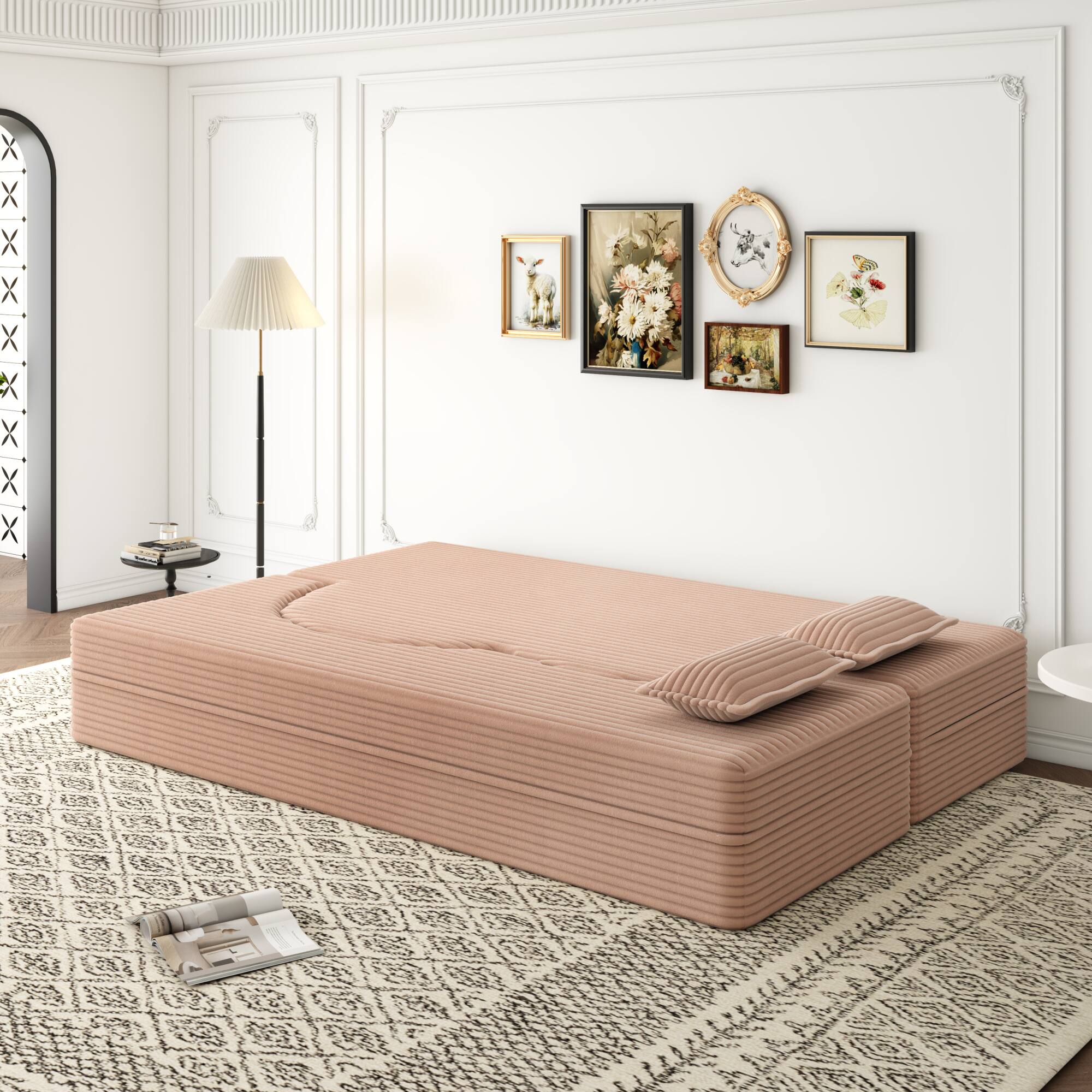 Alt View 1. GOODSILO - Convertible Plush Corduroy Floor Sleeper Sofa with Dual Pillows for Living Room and Guest Use - Pink.