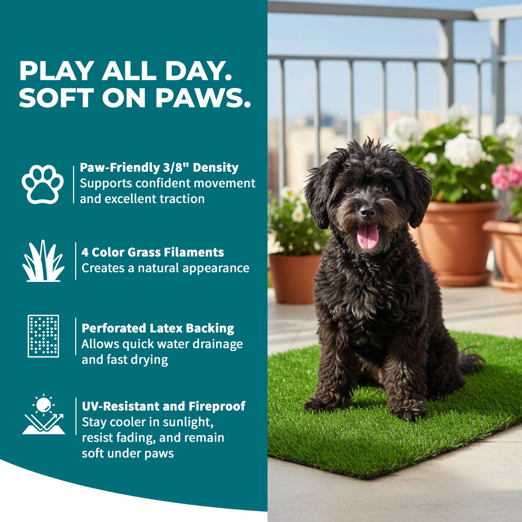 PLAY ALL DAY.  
SOFT ON PAWS.  

Paw-Friendly 3/8" Density  
Supports confident movement and excellent traction  

4 Color Grass Filaments  
Creates a natural appearance  

Perforated Latex Backing  
Allows quick water drainage and fast drying  

UV-Resistant and Fireproof  
Stay cooler in sunlight, resist fading, and remain soft under paws