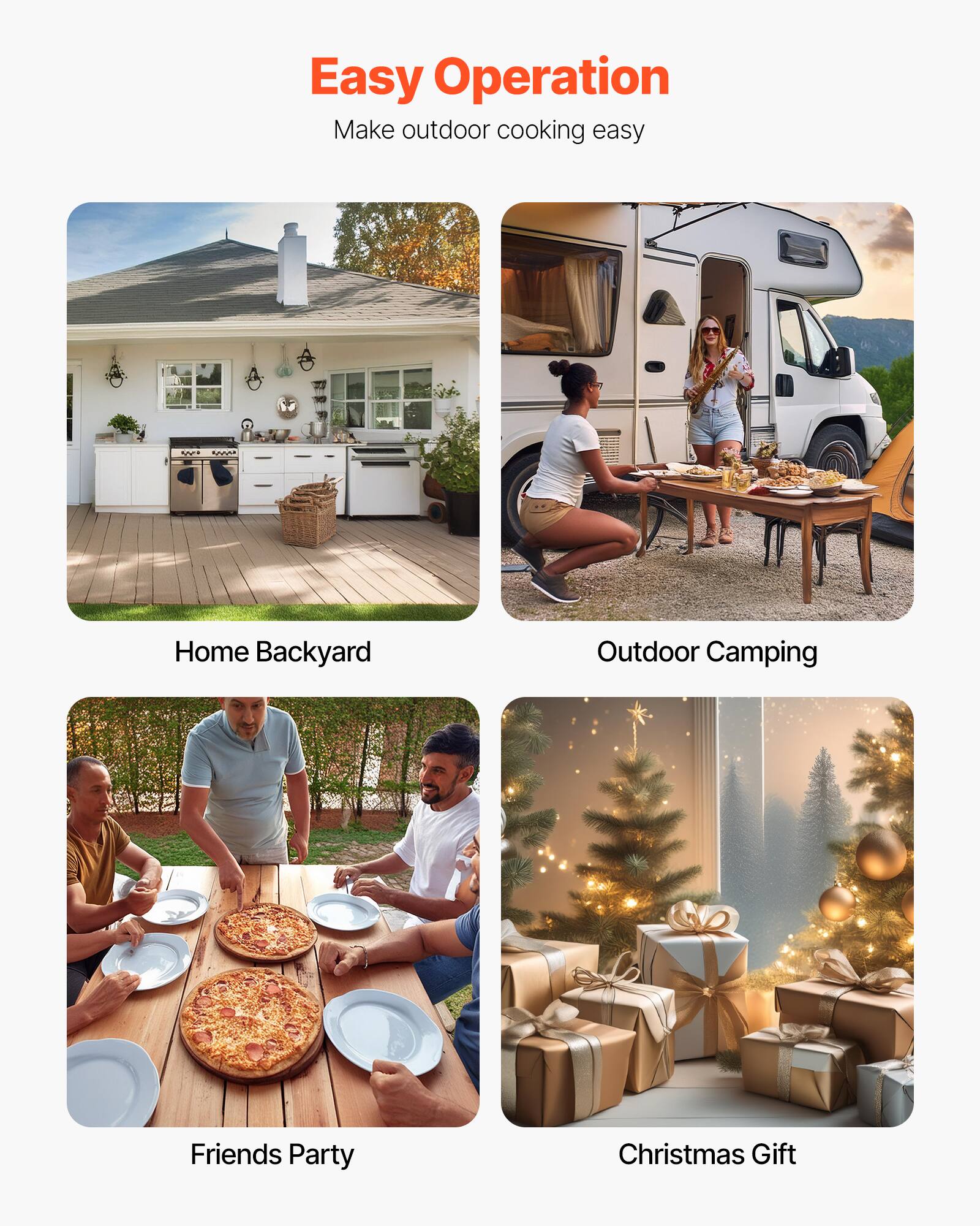 Easy Operation  
Make outdoor cooking easy  

Home Backyard  
Outdoor Camping  
Friends Party  
Christmas Gift