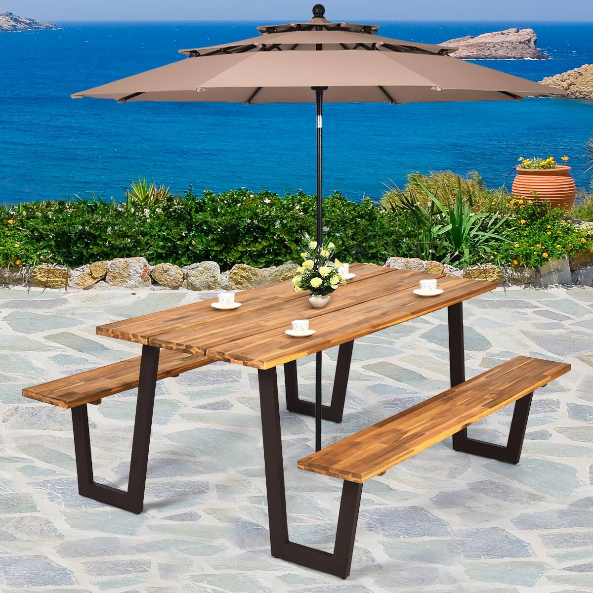 Alt View 3. Costway - Costway Patented Picnic Table with 2 Benches 70" Dining Table Set with Seats and Umbrella Hole - Natural.
