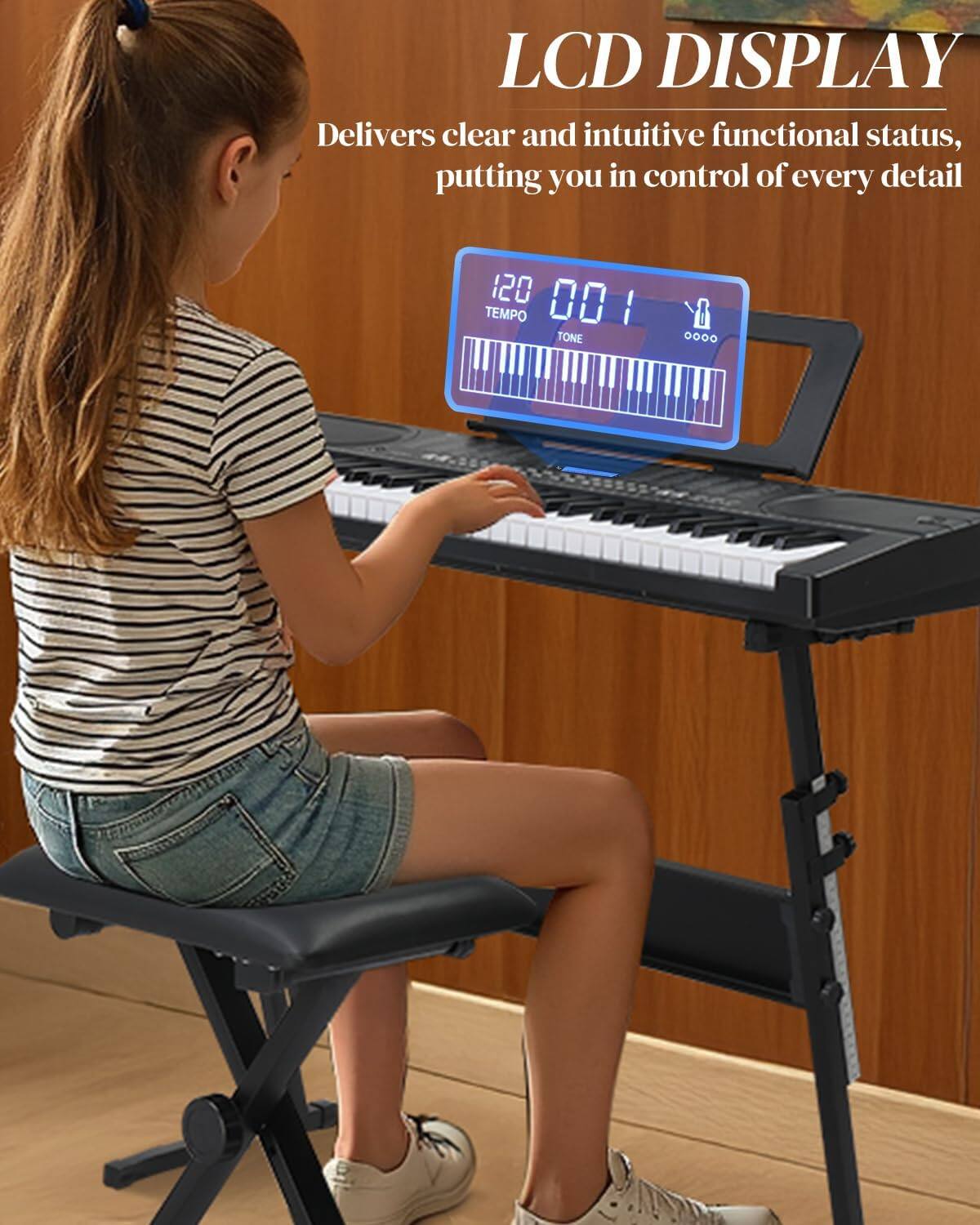 LCD DISPLAY  
Delivers clear and intuitive functional status, putting you in control of every detail  

120 TEMPO  
001 TONE  
0000