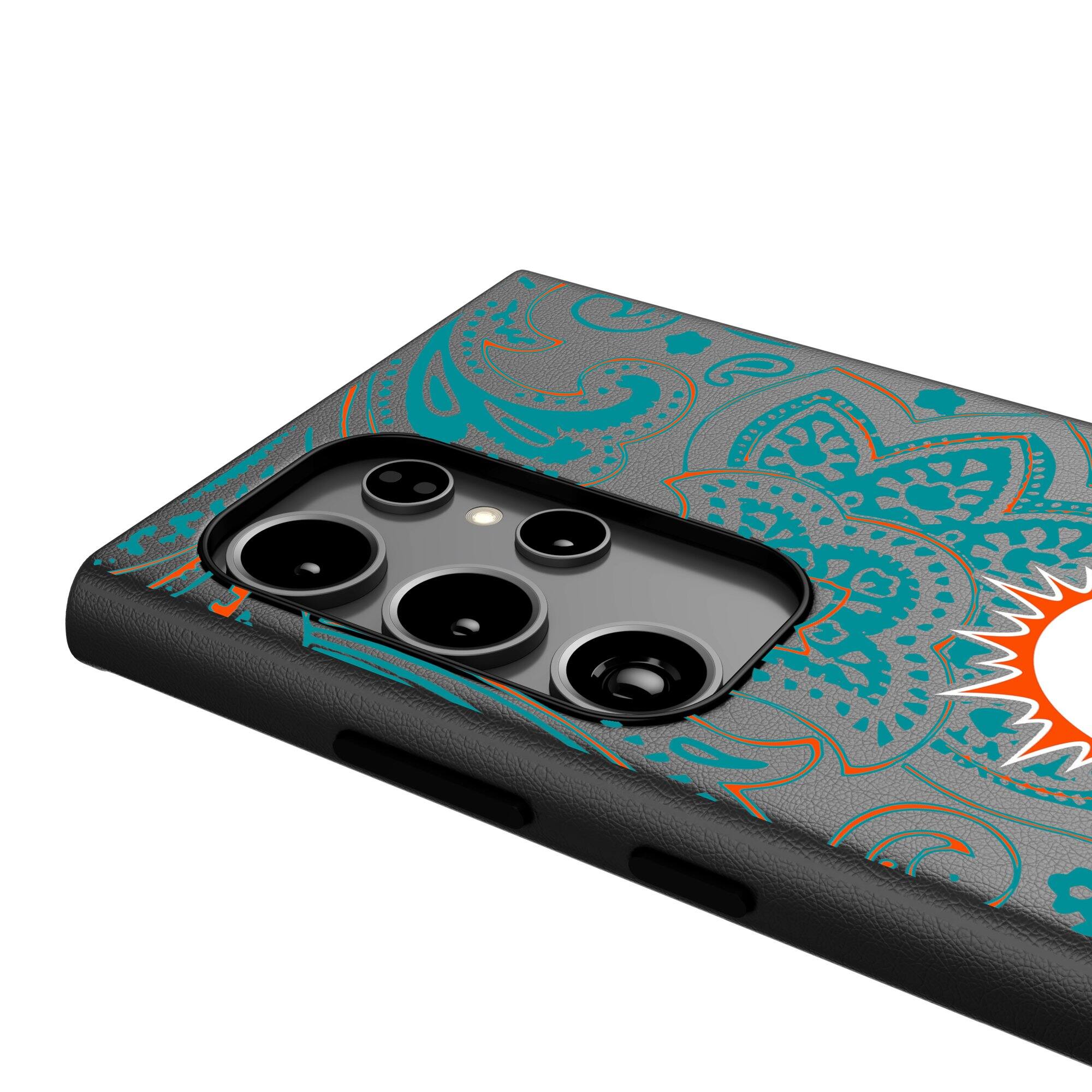 Alt View 3. Keyscaper - Miami Dolphins Paisley Galaxy Magnetic Bump Case - S24 - Black.