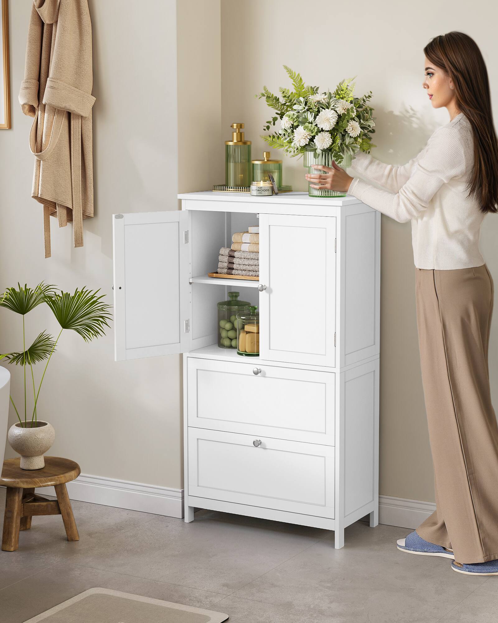 Alt View 3. Songmics Home - Bathroom Floor Storage Cabinet, Bathroom Storage Unit, Freestanding Cabinet, 11.8 x 23.6 x 43.3 Inches - White.