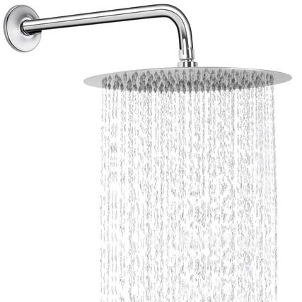 Front. Paradigms Interiors - Round Rain Shower Head With Extension Arm Large Stainless Rainfall Shower waterfall Full Body Coverage - Chrome-12 Inch Shower Head With 15 Inch Shower Ar.