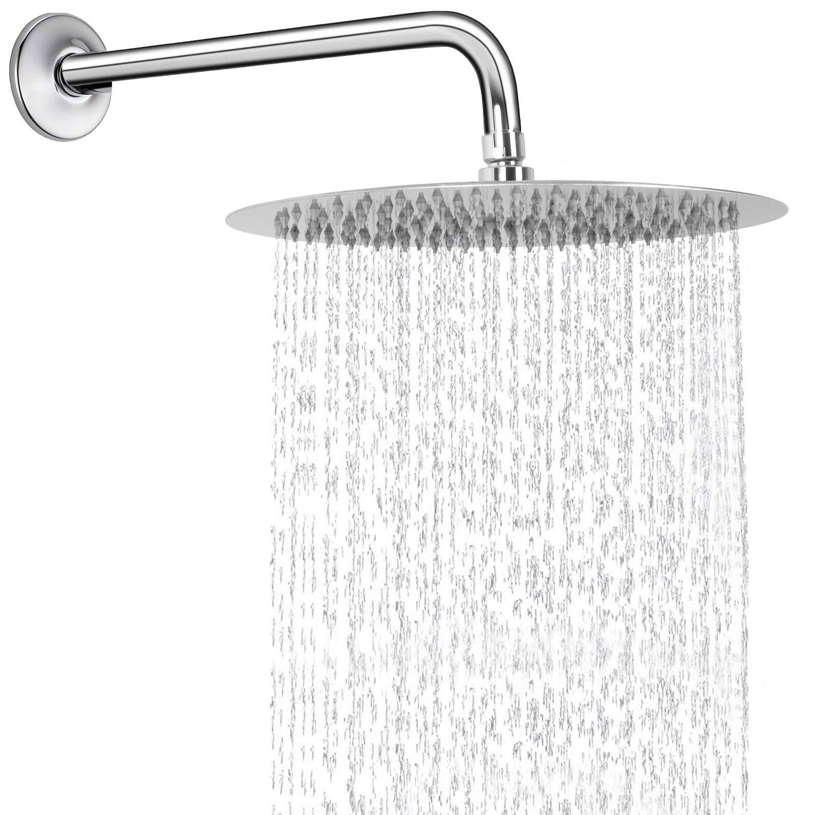 Paradigms Interiors - Round Rain Shower Head With Extension Arm Large Stainless Rainfall Shower waterfall Full Body Coverage - Chrome-12 Inch Shower Head With 15 Inch Shower Ar