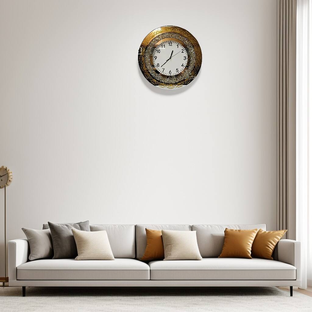 Angle. FC Design - 19"H Gold & Mirrored Ornate Glitter Round Wall Clock - Timeless Decorative Piece - Multicolor.