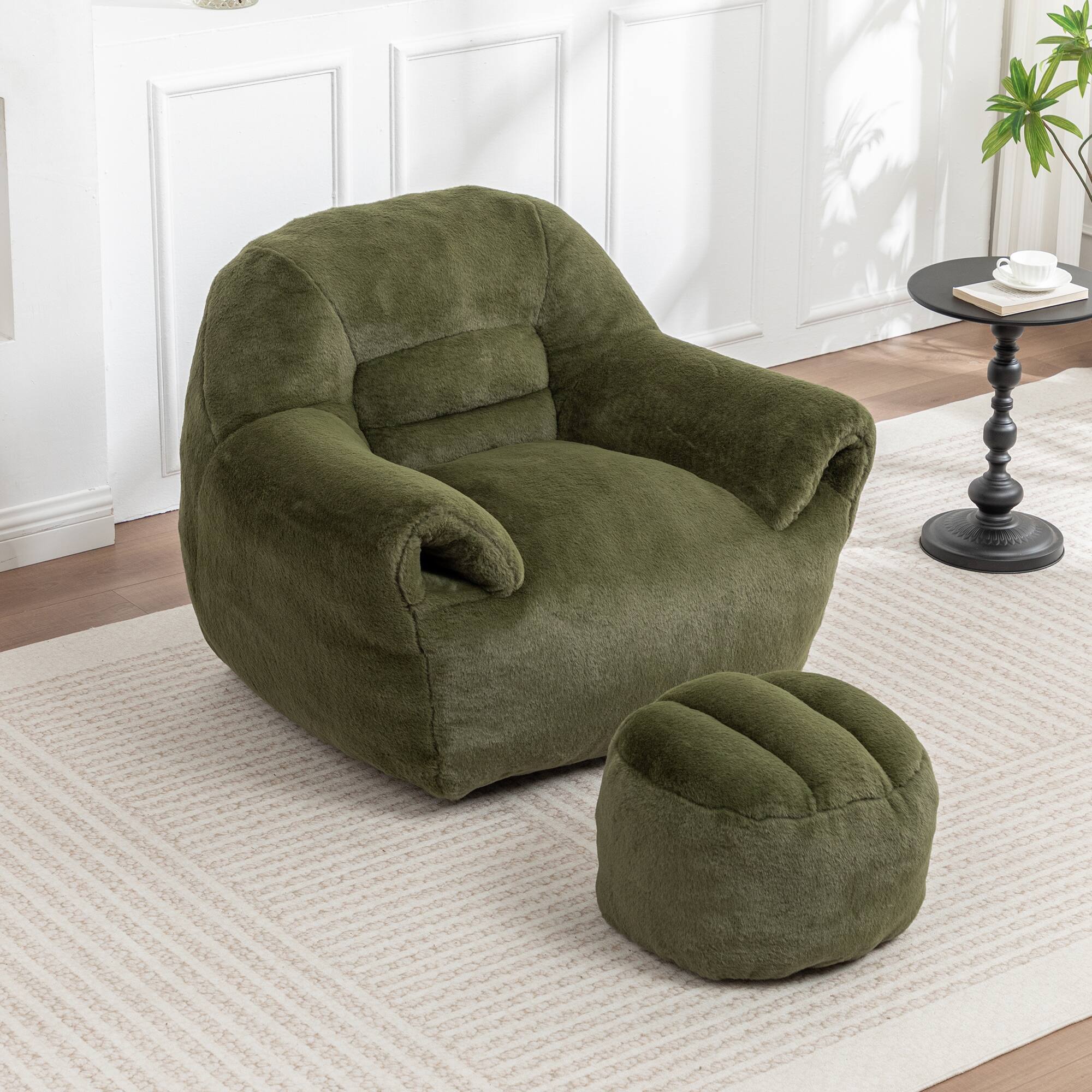 Back. GOODSILO - Comfy Bean Bag Chair with Back Support & Footstool | Soft Faux Fur Floor Sofa for Adults & Kids - Green.