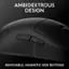 The image features a black computer mouse with an ambidextrous design, which means it can be used by both left-handed and right-handed individuals. The mouse also has removable, magnetic side buttons, providing additional functionality and customization options for the user.