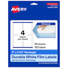 Avery - 5" x 3-1/2" Waterproof Rectangle Labels, 100 Labels - White