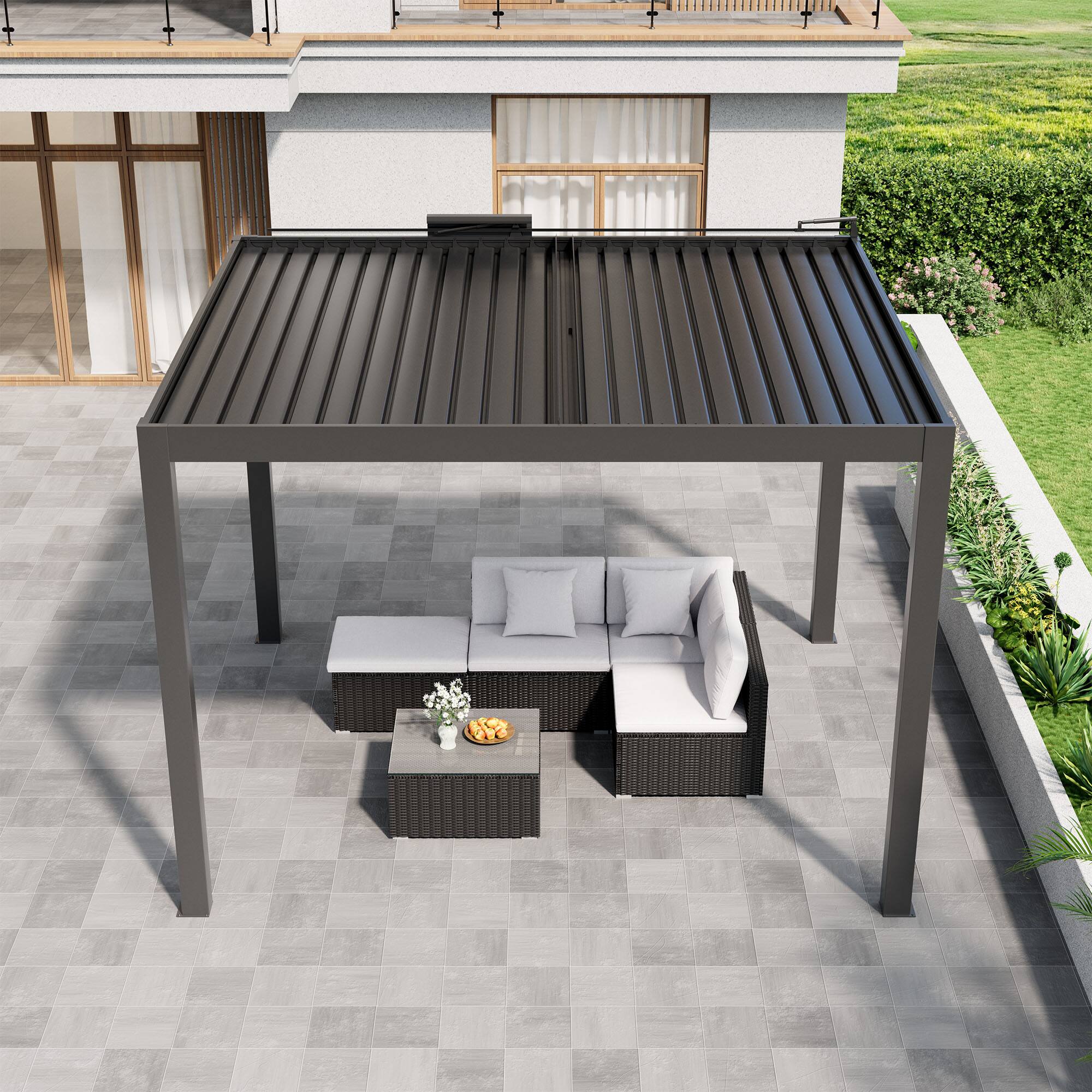 Left. Mondawe - 10ft x 12ft Solar-Powered Aluminum Pergola with Adjustable Louvers and Hidden Drainage System - Grey.