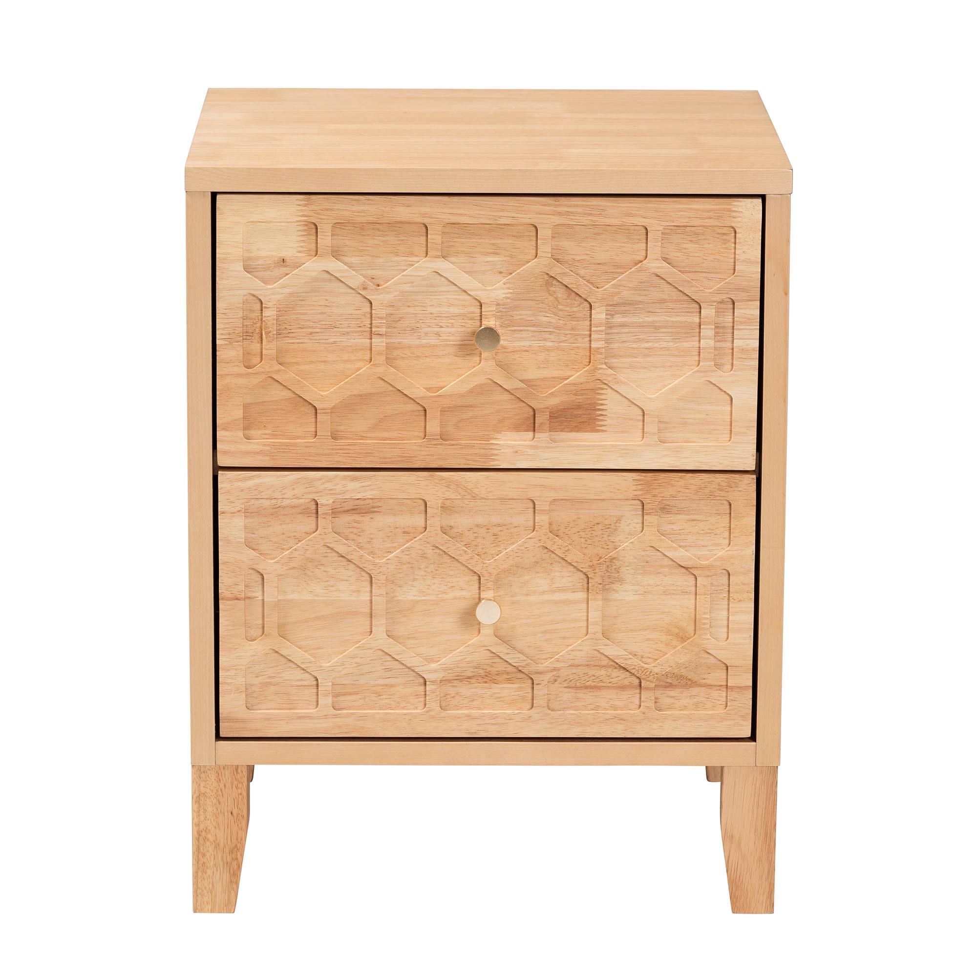 Left. Baxton Studio - Hosea Japandi Carved Honeycomb Natural 2-Drawer Nightstand - Natural.