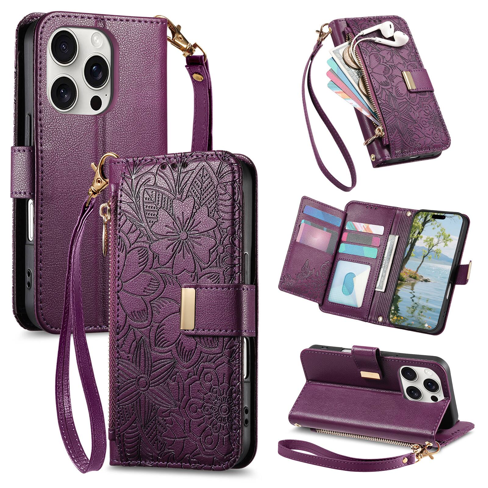 Angle. Dteck - Floral Embossed Leather Zipper Cash Slot Wallet Case for Apple iPhone 16 Pro with Detachable Strap - Purple.