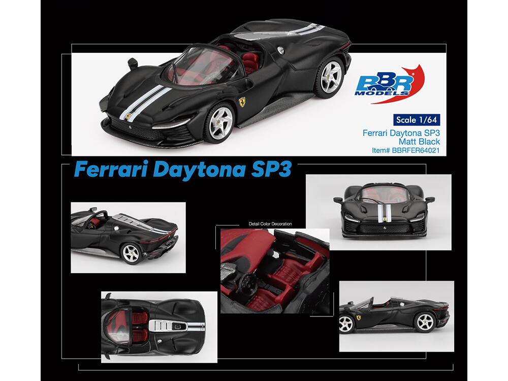 Ferrari Daytona SP3

Scale 1/64

Ferrari Daytona SP3 Matt Black

Item# BBRFER64021

Detail Color Decoration