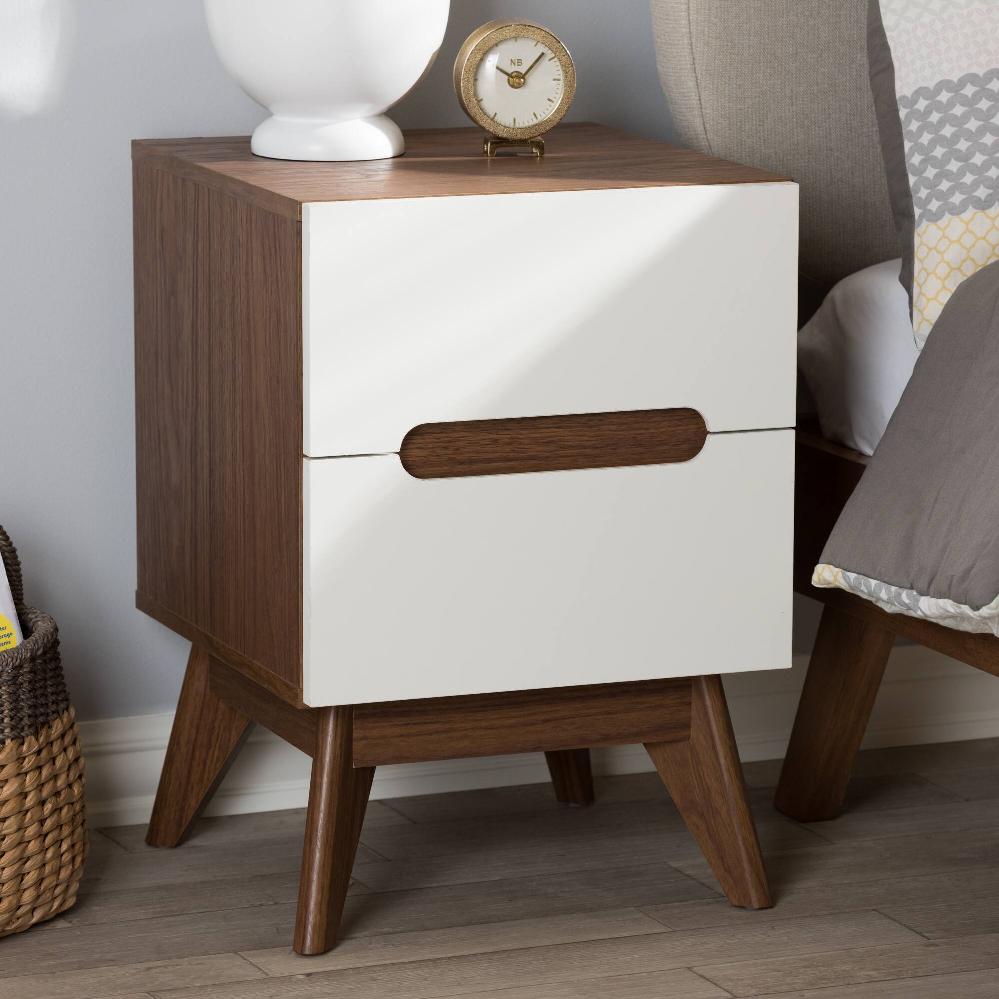 Alt View 2. Baxton Studio - Calypso Mid-Century Modern Wood 2-Drawer Storage Nightstand - White/"Walnut" Brown.