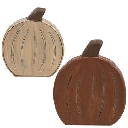 Front. BreeBe - 2/Set Carved Distressed Wooden Pumpkin Sitters - Orange, Off-White.