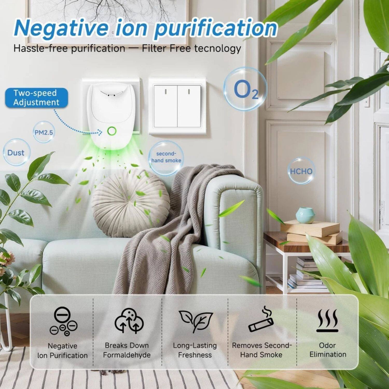 Negative ion purification  
Hassle-free purification — Filter Free technology

Two-speed Adjustment

PM2.5  
Dust  
second-hand smoke  
O2  
HCHO

Negative Ion Purification  
Breaks Down Formaldehyde  
Long-Lasting Freshness  
Removes Second-Hand Smoke  
Odor Elimination