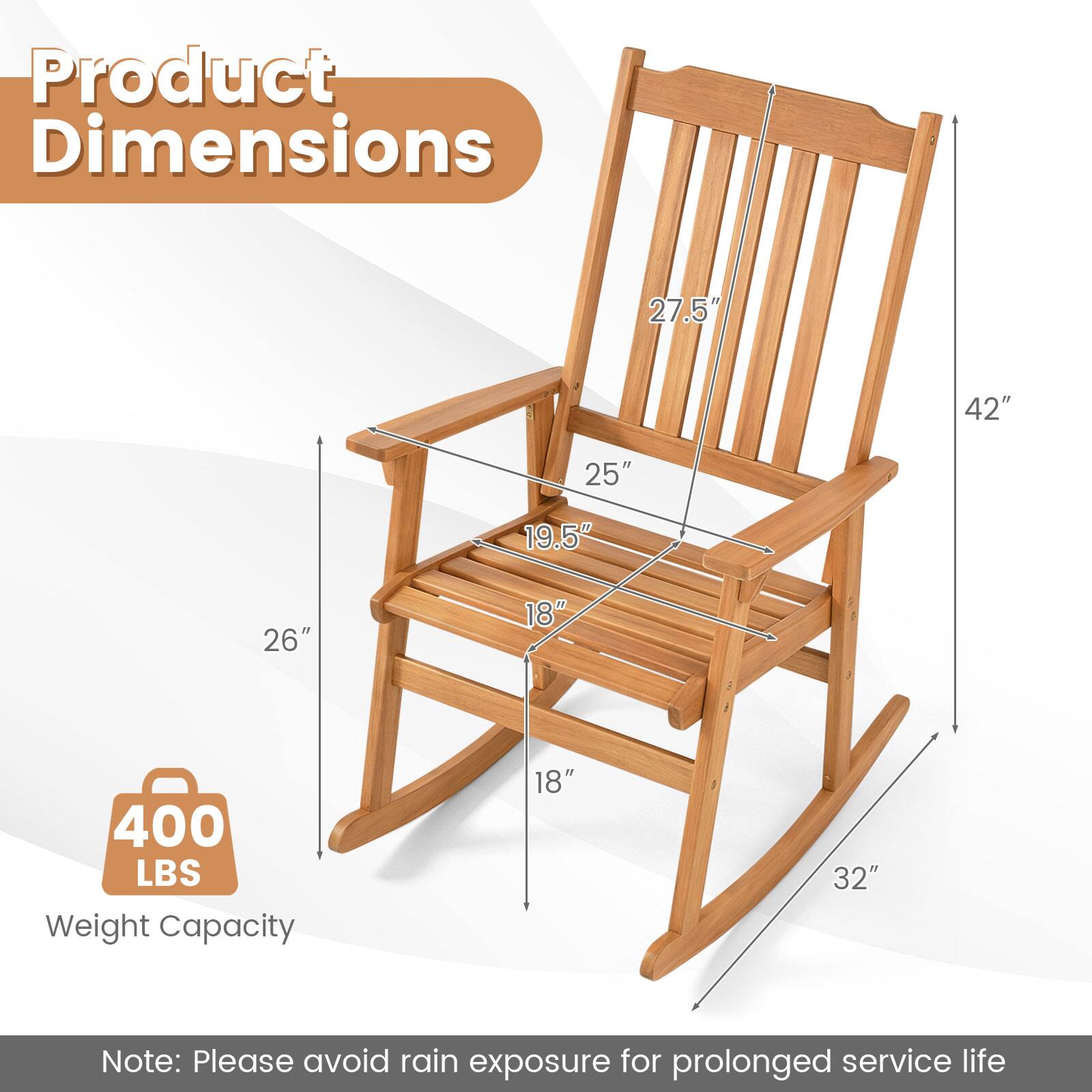 Product Dimensions: 27.5" x 42" x 25" x 19.5" x 26" x 18" x 32"  
Weight Capacity: 400 LBS  
Note: Please avoid rain exposure for prolonged service life