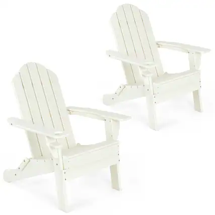 Front. Gymax - Gymax 2PCS Patio Folding Adirondack Chair Weather Resistant Cup Holder Yard White - White.
