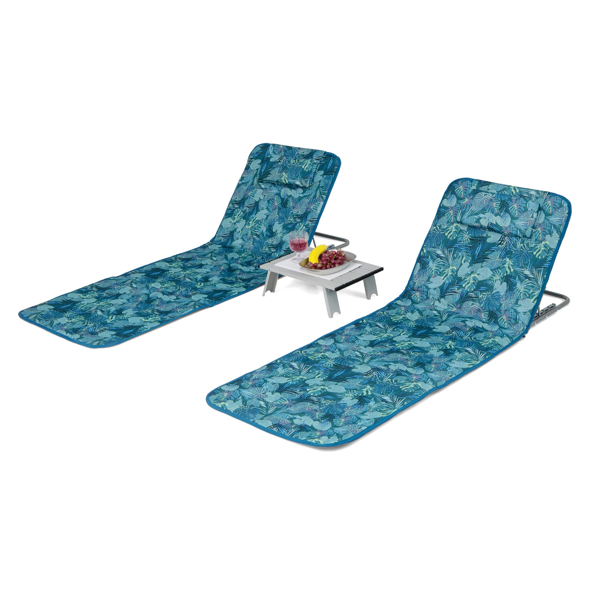 Gymax - 3PCS Folding Beach Mat Set Adjustable Beach Lounge Chair & Side Table Set - Green