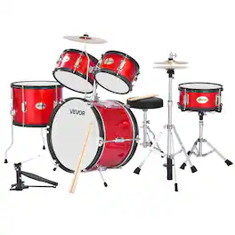 VEVOR - Kids Drum Set, 5-Piece 16 in Junior Drum Sets, Beginner Drums Set with Adjustable Throne, Cymbal - Red