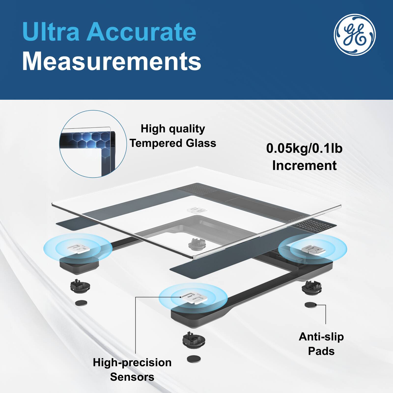 Ultra Accurate Measurements

- High quality Tempered Glass
- 0.05kg/0.1lb Increment
- High-precision Sensors
- Anti-slip Pads