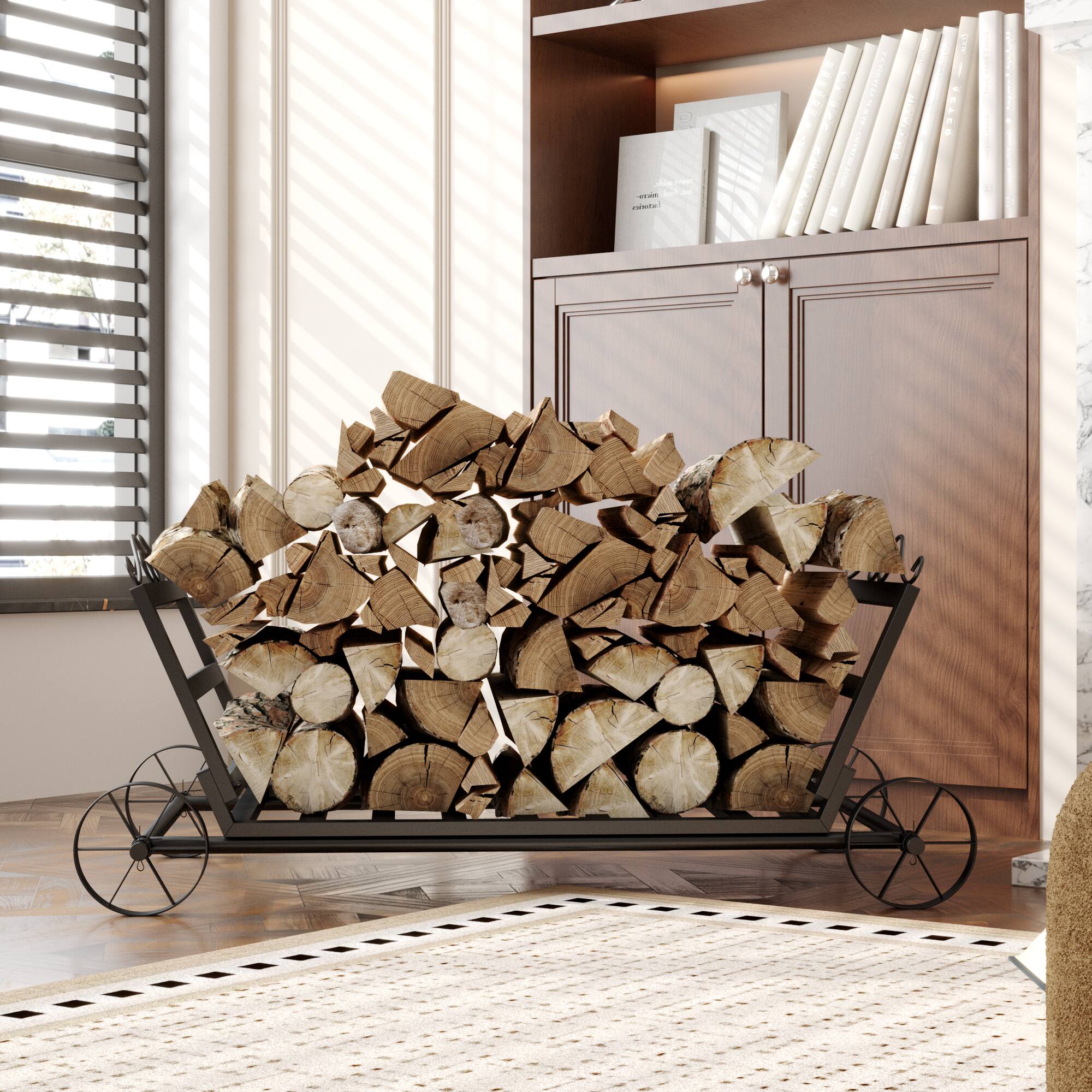 Famapy - Heavy-Duty Firewood Rack with Wheels – 150 lbs Capacity, Indoor Outdoor Metal Log Holder Cart for Fireplace Storage - Black