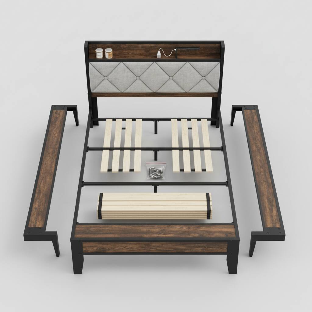 Alt View 1. AOITUN - Twin Bed Frame with Headboard & Storage Drawers, Upholstered Platform Bed with Charging Station, Industrial Style - Industrial.