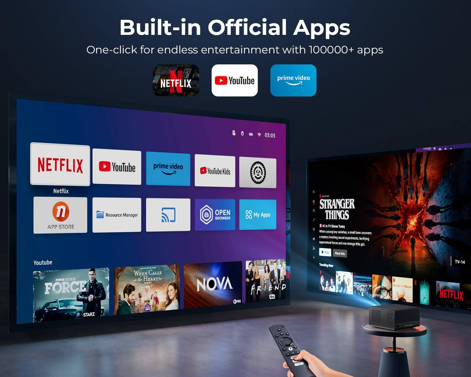 Built-in Official Apps
One-click for endless entertainment with 100000+ apps

prime video
NETFLIX
YouTube
YouTube Kids
NOVA
APP STORE
Resource Manager
OPEN BROWSER
My Apps
STRANGER THINGS

POWER BOOKS FORCE
WHEN CALLS THE HEARTY
NOVA
FRIEND

TV-14
NETFLIX
STARZ