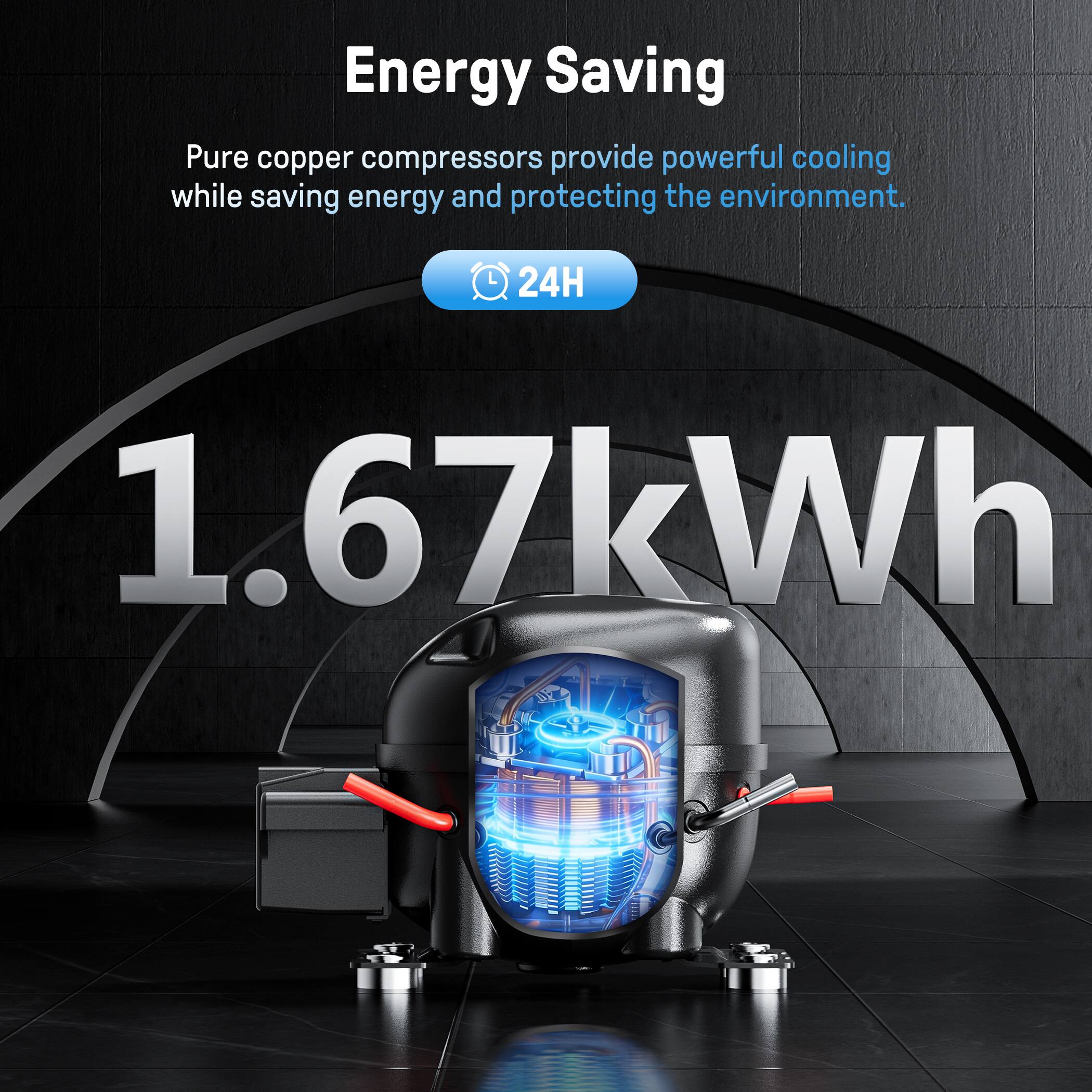 Energy Saving

Pure copper compressors provide powerful cooling while saving energy and protecting the environment.

24H

1.67kWh