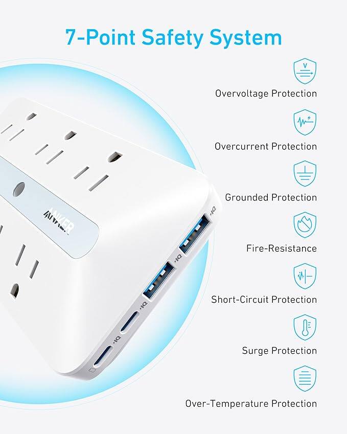 7-Point Safety System  
- Overvoltage Protection  
- Overcurrent Protection  
- Grounded Protection  
- Fire-Resistance  
- Short-Circuit Protection  
- Surge Protection  
- Over-Temperature Protection