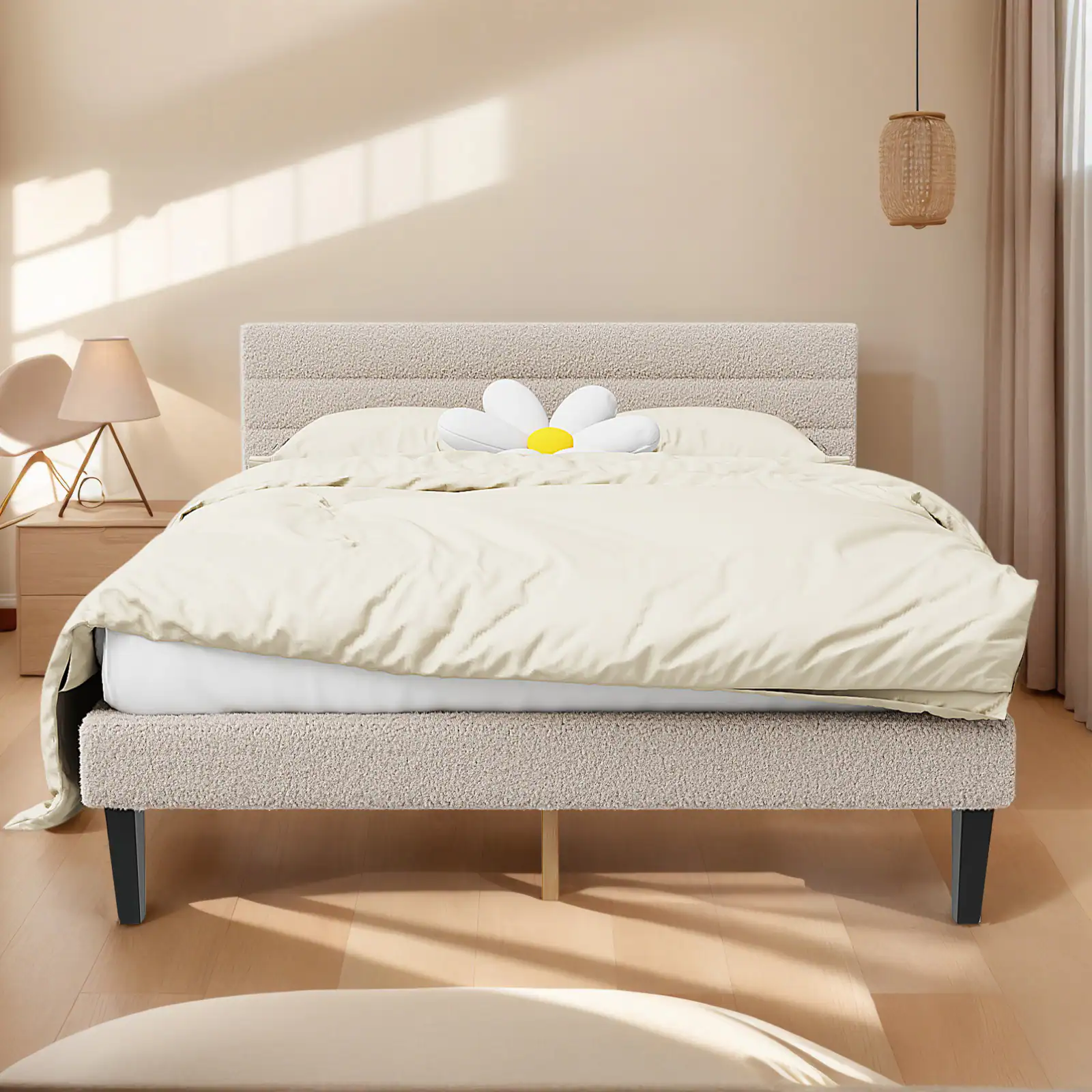 Alt View 5. Winado - Queen Size Boucle Upholstered Platform Bed Frame with Adjustable Headboard Wood Slats Support No Box Spring Needed - Boucle Beige.