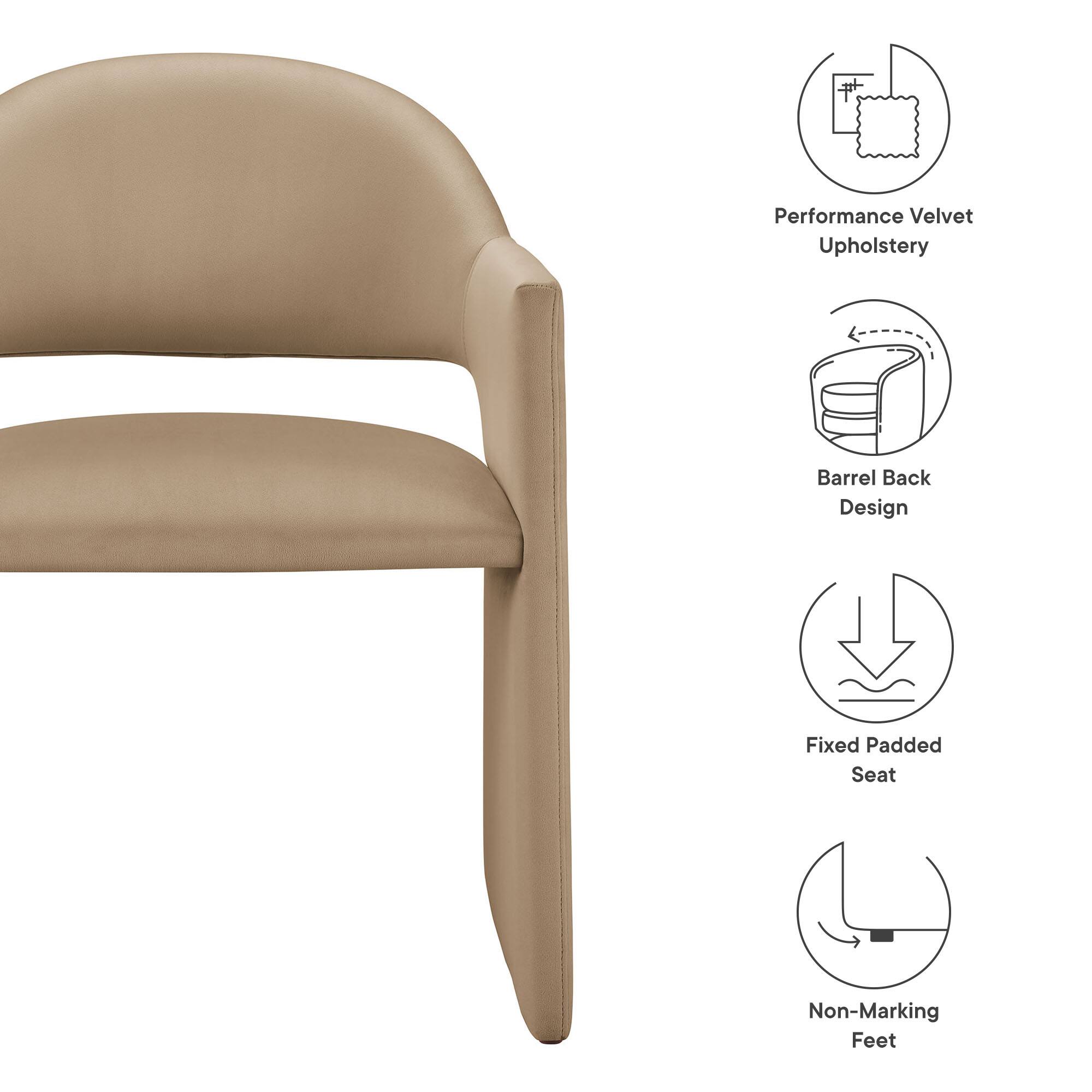 Performance Velvet Upholstery  
Barrel Back Design  
Fixed Padded Seat  
Non-Marking Feet