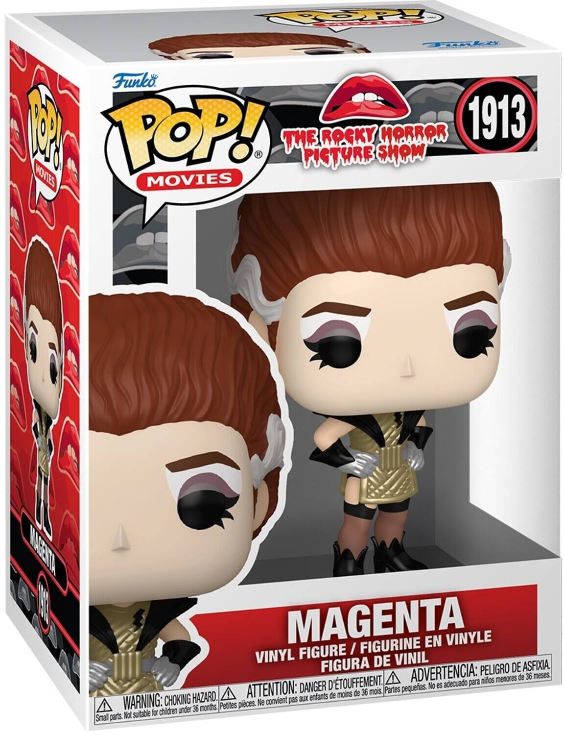 Sure, here is the corrected and grouped text from the image:

---

**Funko POP! MOVIES**

**THE ROCKY HORROR PICTURE SHOW**

**1913**

**MAGENTA**

**VINYL FIGURE / FIGURINE EN VINYLE / FIGURA DE VINIL**

**WARNING: CHOKING HAZARD. Small parts. Not suitable for children under 36 months.**

**ATTENTION: DANGER D'ÉTOUFFEMENT. Petites pièces. Ne convient pas aux enfants de moins de 36 mois.**

**ADVERTENCIA: PELIGRO DE ASFIXIA. Partes pequeñas. No es adecuado para niños menores de 36 meses.**

---

This text is organized to reflect the information on the packaging, including the brand, series, character, and safety warnings.